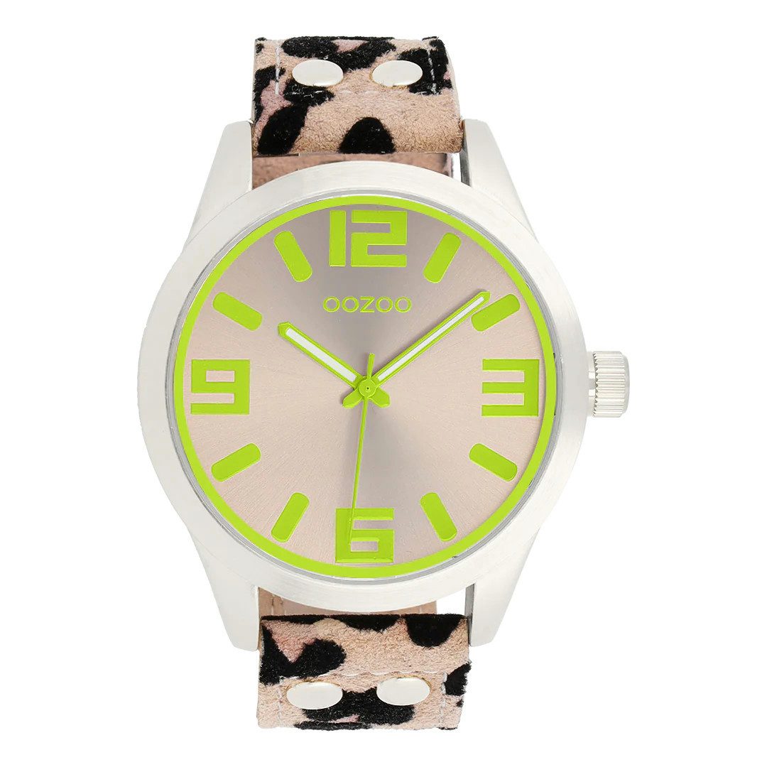 OOZOO Quarzuhr Damenuhr C0902 – Taupe & Lemon – Animalprint-Lederband – 46 mm
