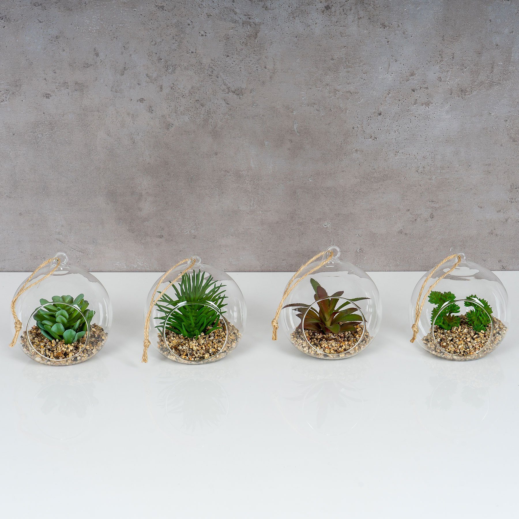 Levandeo® Dekoobjekt, 4er 1 Sukkulenten 10x12cm Kunstpflanze Pflanze Set Glas Tischdeko Grün Set