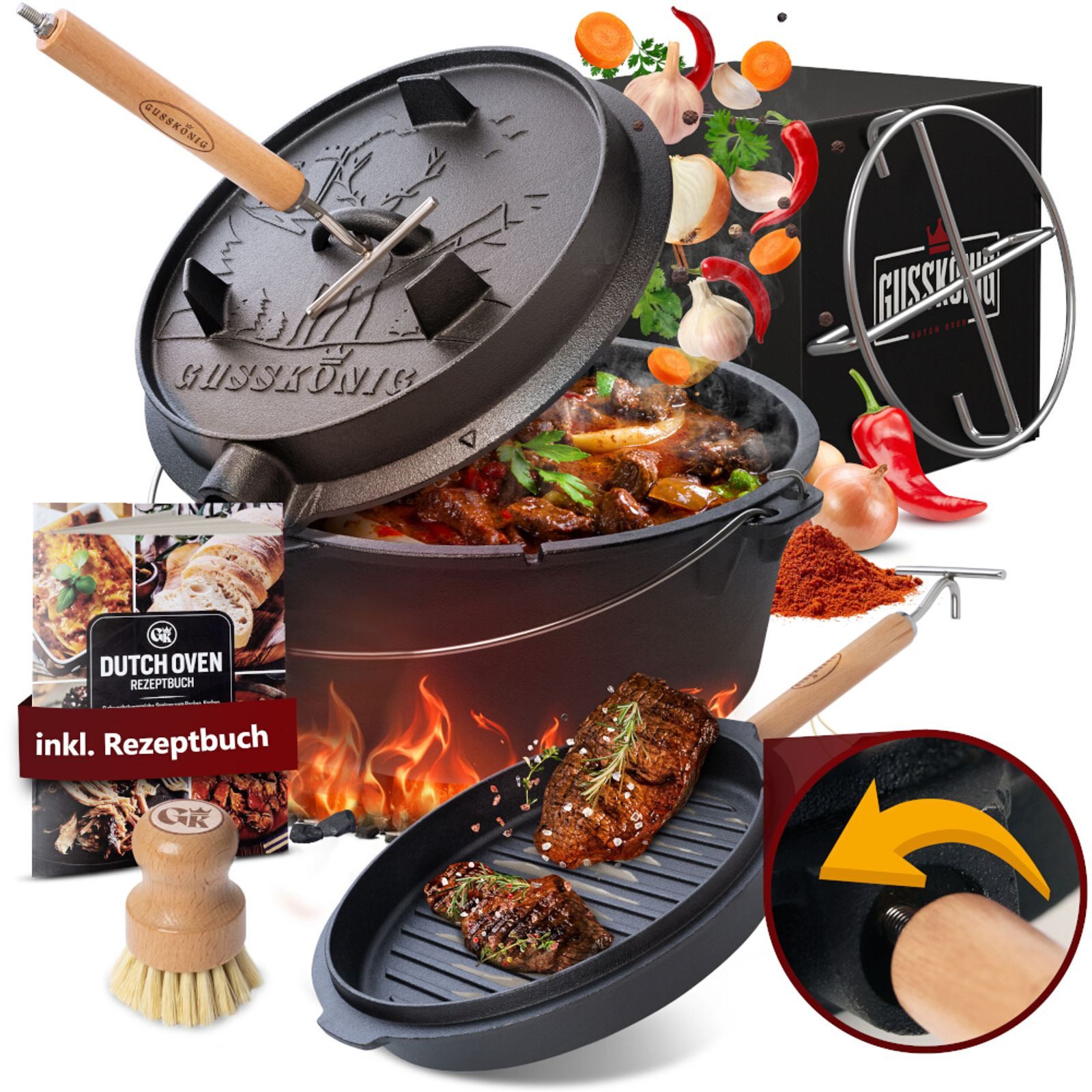 GUSSKÖNIG Grilltopf Dutch Oven 12 l ohne Füße 2in1 Deckelheber, Bürste, Untersetzer, Gusseisen