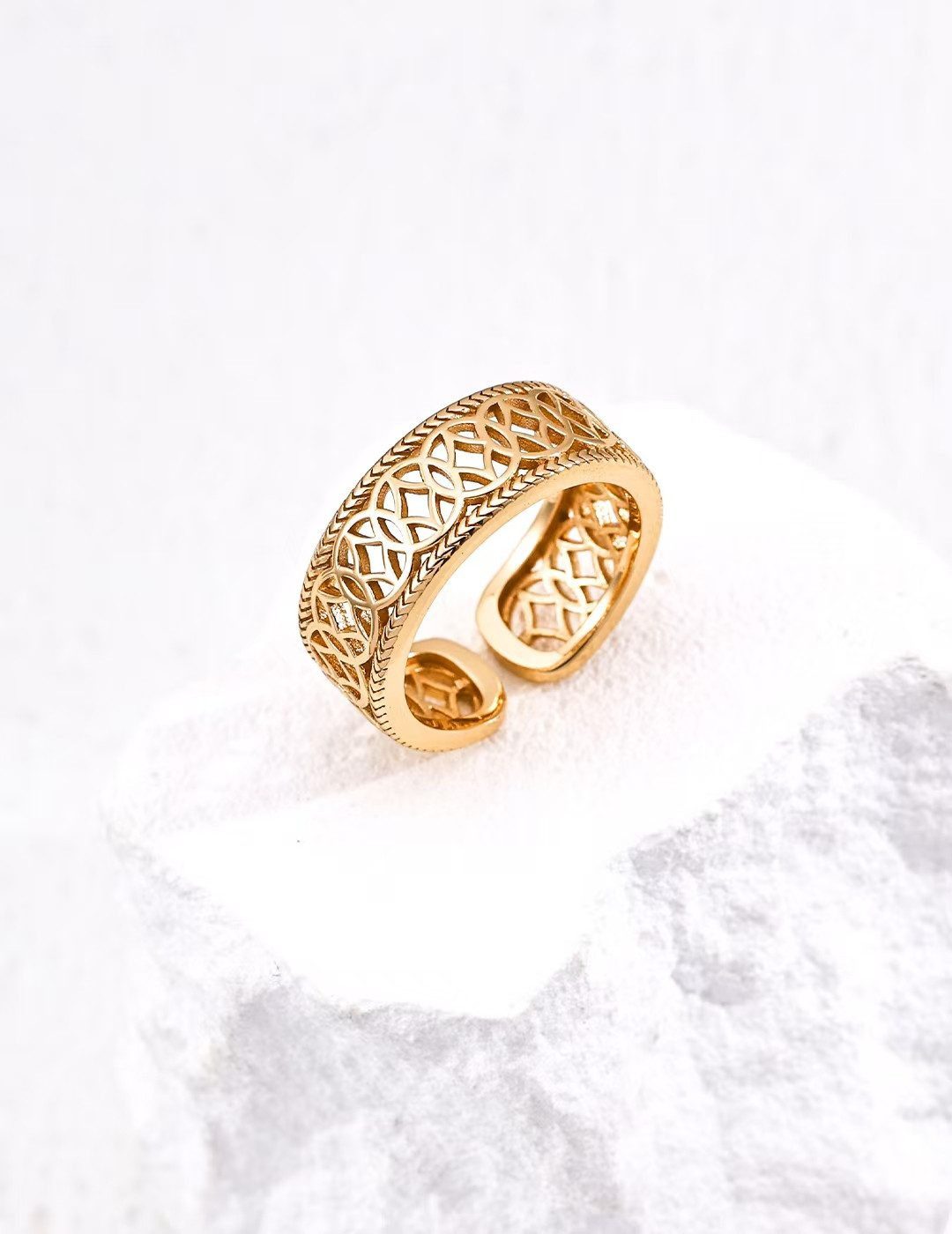 Jumpeak Silberring 925 Silber 18K vergoldet, breiter offener,  filigranem Netzausschnitt, ring silber 925 damen breit, ring vergoldet damen, damen geschenk