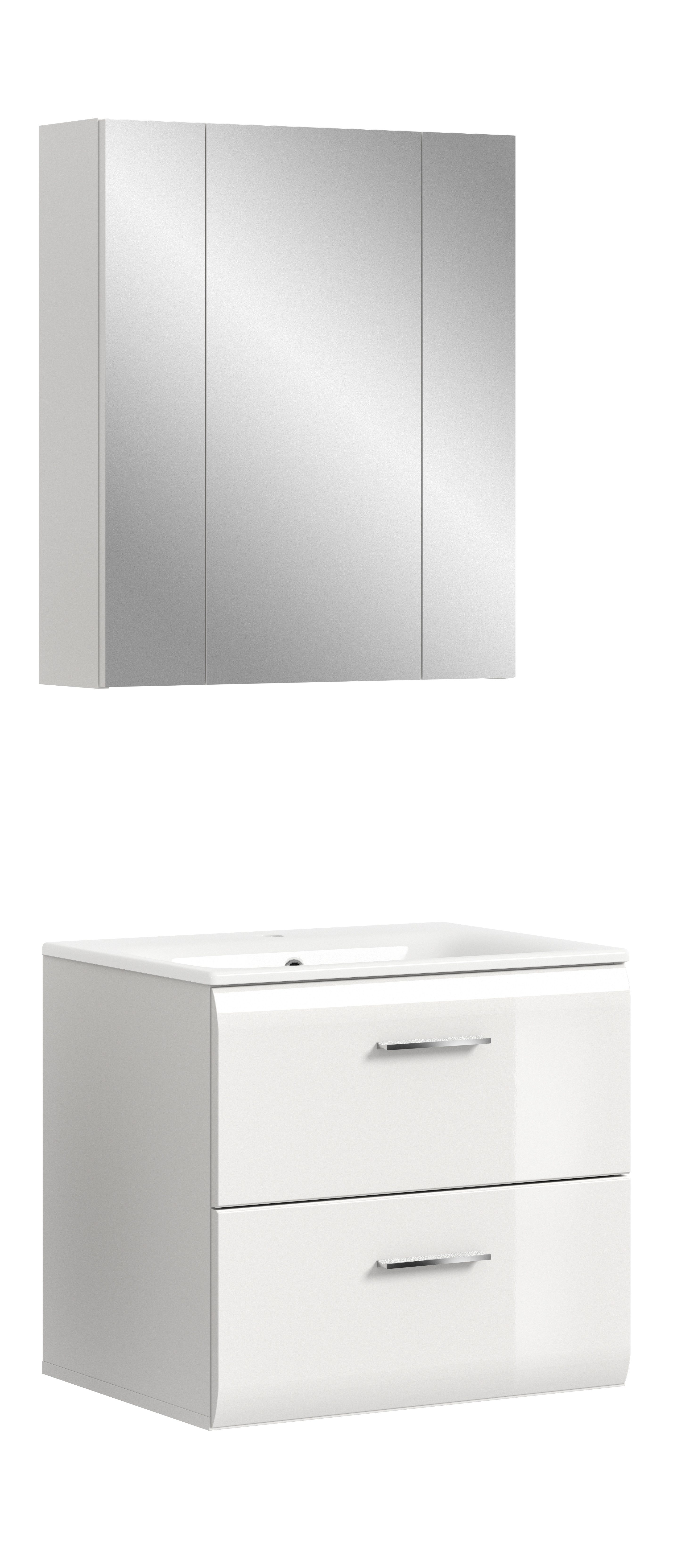 furnling Badezimmer-Set Ivy, (2-St., Spiegelschrank, Waschbeckenunterschrank inkl. Waschbecken), Badmöbel, Badezimmermöbel, Hochglanz Front, Breite 60 cm, weiß