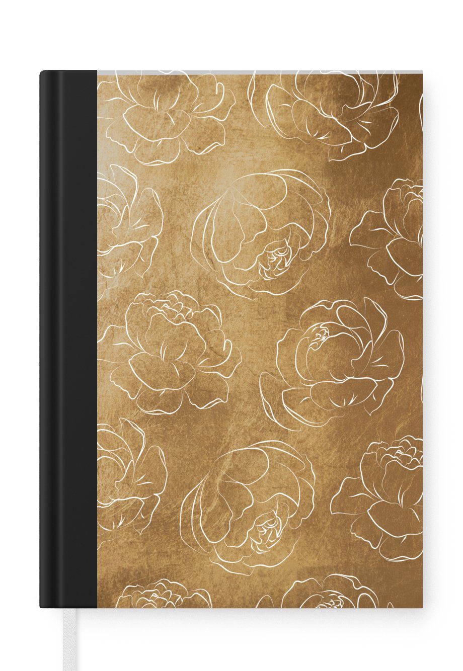MuchoWow Notizbuch Blumen - Gold - Muster - Linienkunst, Journal, Merkzettel, Tagebuch, Notizheft, A5, 98 Seiten, Haushaltsbuch
