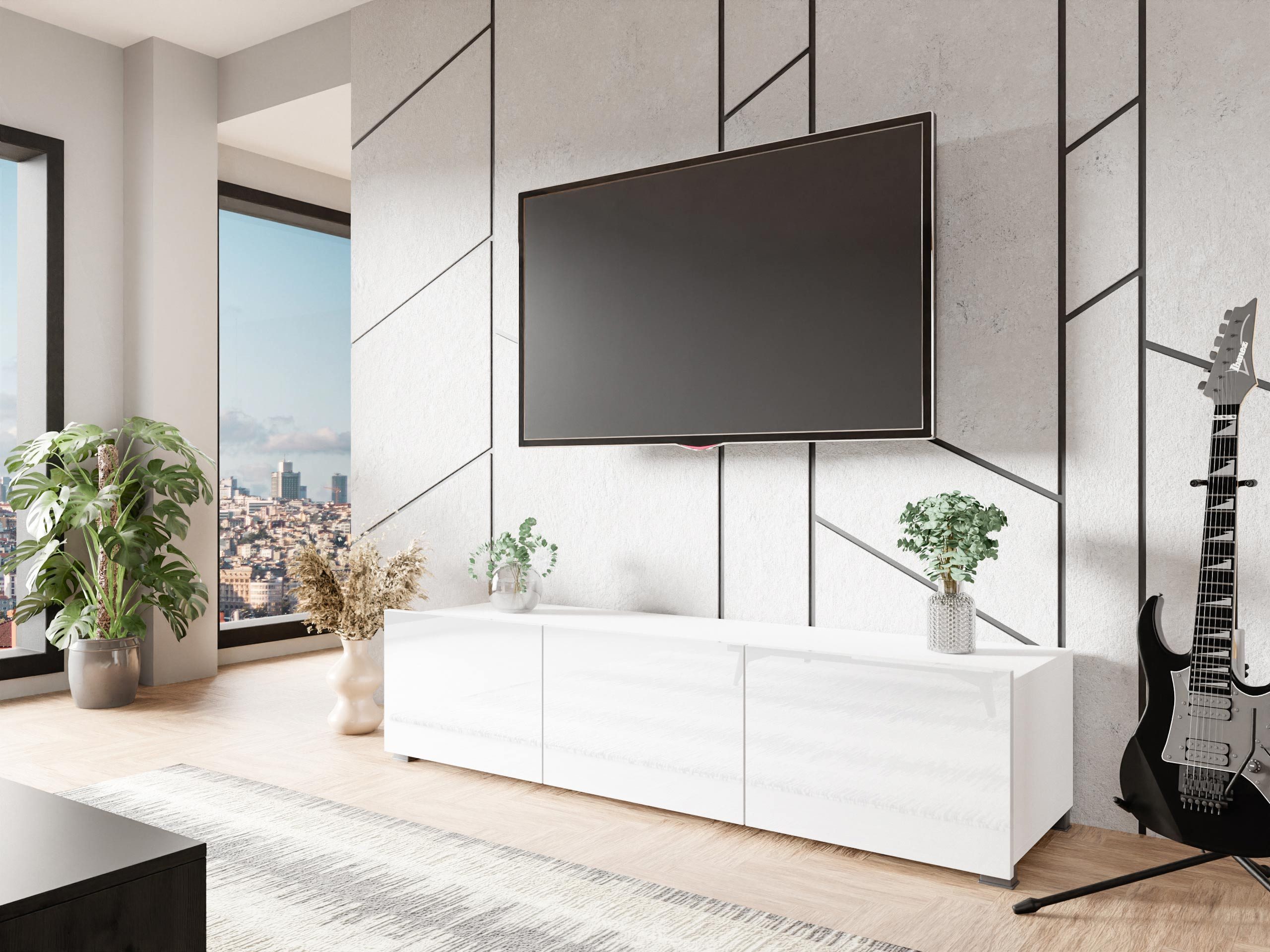 MIRJAN24 TV-Schrank Calabrini 150 04 (mit 3 Türen) ohne Griffe, silberne Beine 5 cm