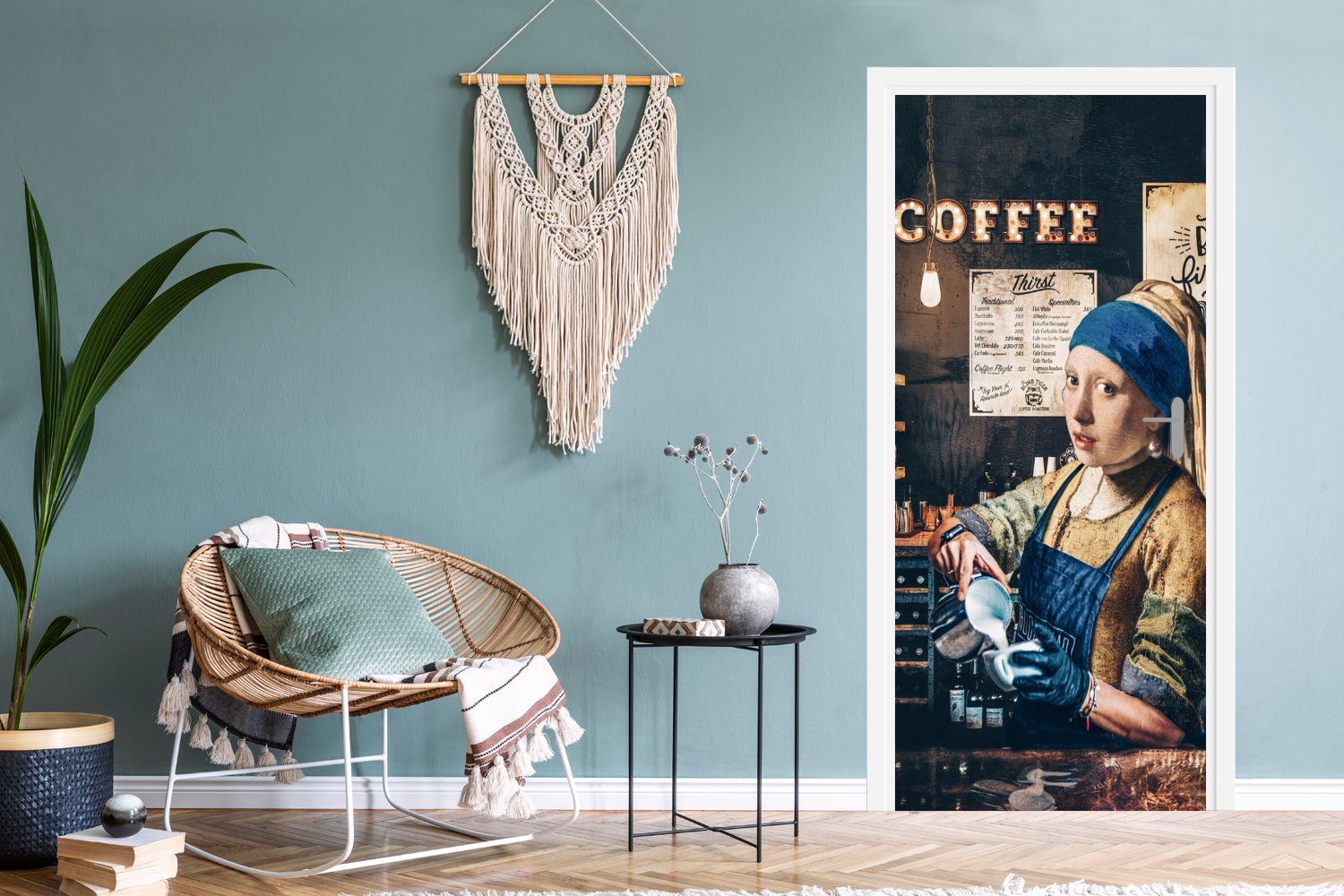 St), - Barista Fototapete 75x205 Kaffee - - Vermeer Türtapete Cappuccino Mädchen Matt, mit (1 Türaufkleber, -, bedruckt, - für Tür, MuchoWow cm Perlenohrring