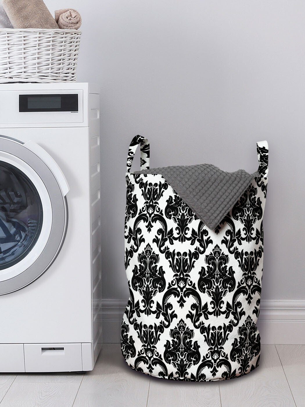 Kordelzugverschluss Abakuhaus Wäschekorb Verziert Waschsalons, Retro-Stil mit weiße Griffen Wäschesäckchen für Damast