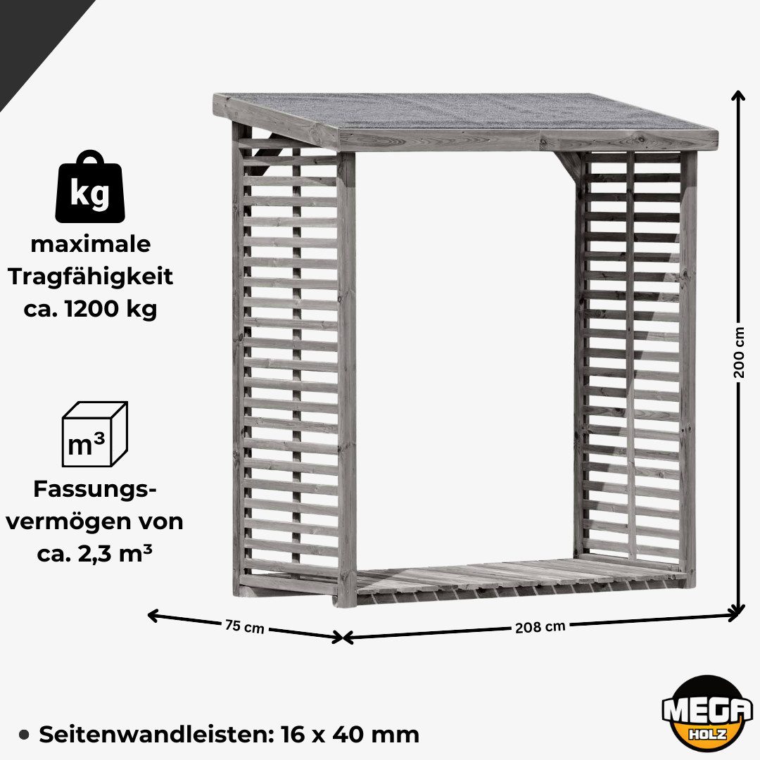 Mega-Holz Kaminholzregal "FLAMMO" L - Brennholzlager aus Kiefernholz, BxTxH:208x75x200 cm, Kesseldruckimprägniert