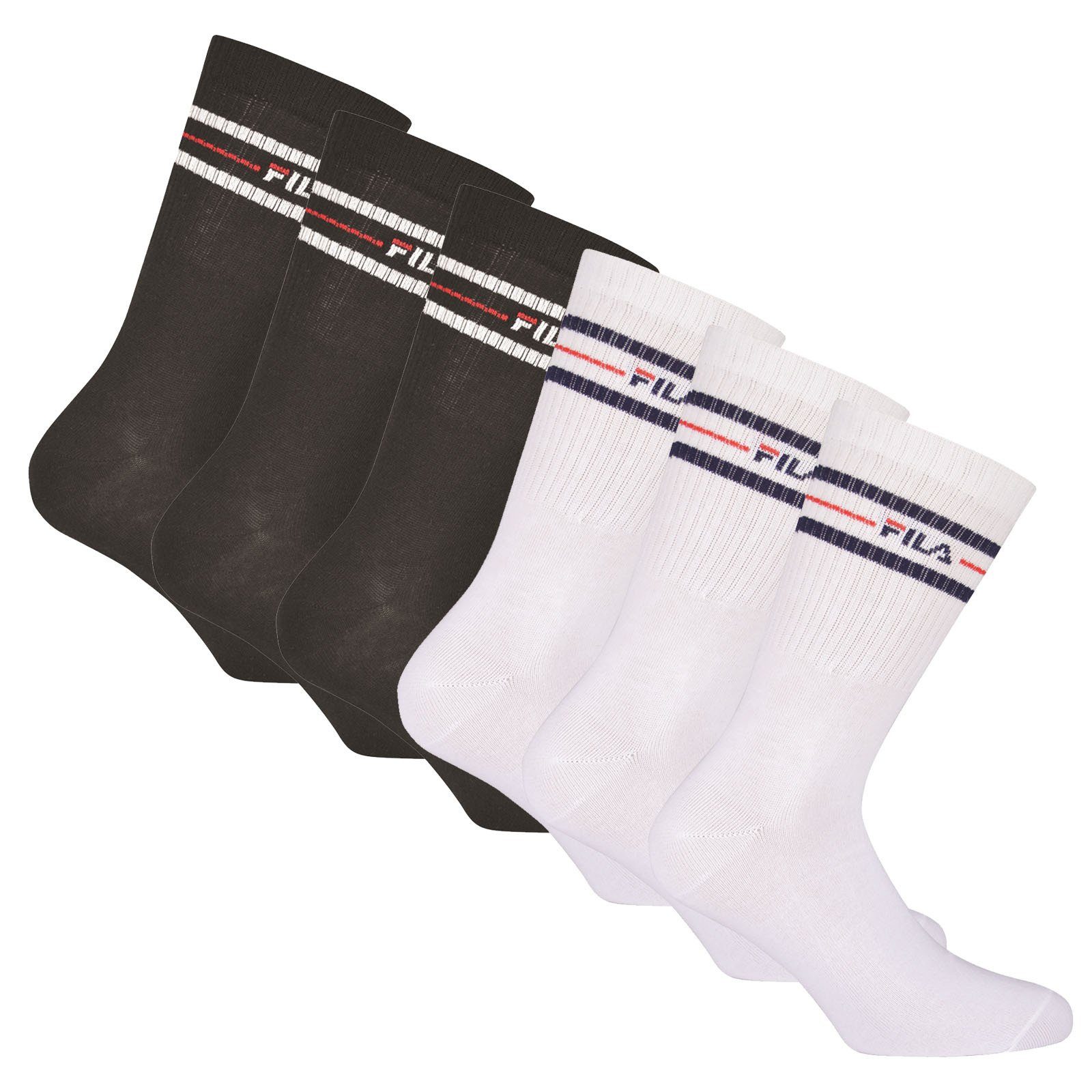 Unisex Schwarz/Weiß 6er Sportsocken Socken, Socks, Fila - Pack Strümpfe Crew
