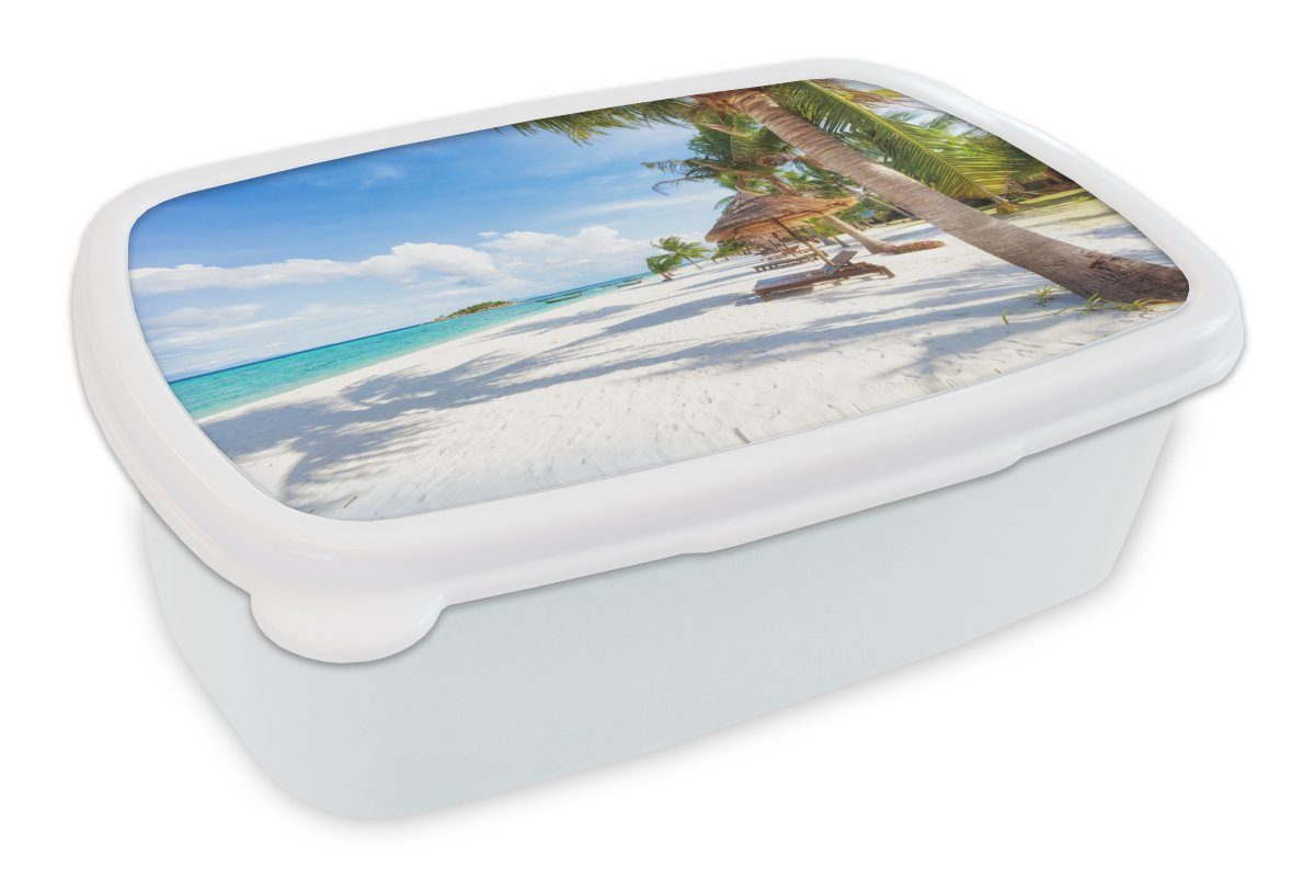 MuchoWow Lunchbox Strand - Meer - Palmen, Kunststoff, (2-tlg), Brotbox für Kinder und Erwachsene, Brotdose, für Jungs und Mädchen weiß