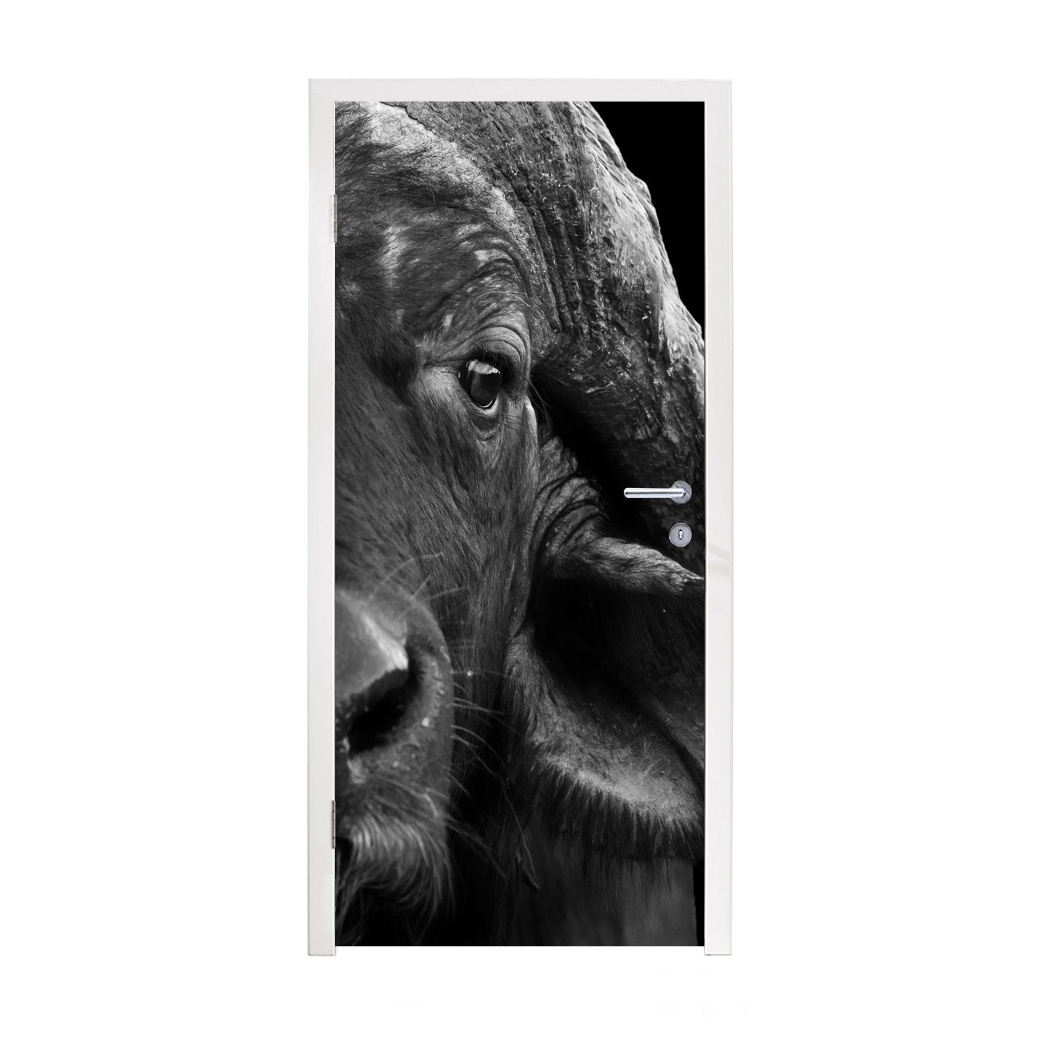 MuchoWow Türtapete Büffel - Tiere - Schwarz - Weiß, Matt, bedruckt, (1 St), Fototapete für Tür, Türaufkleber, 75x205 cm