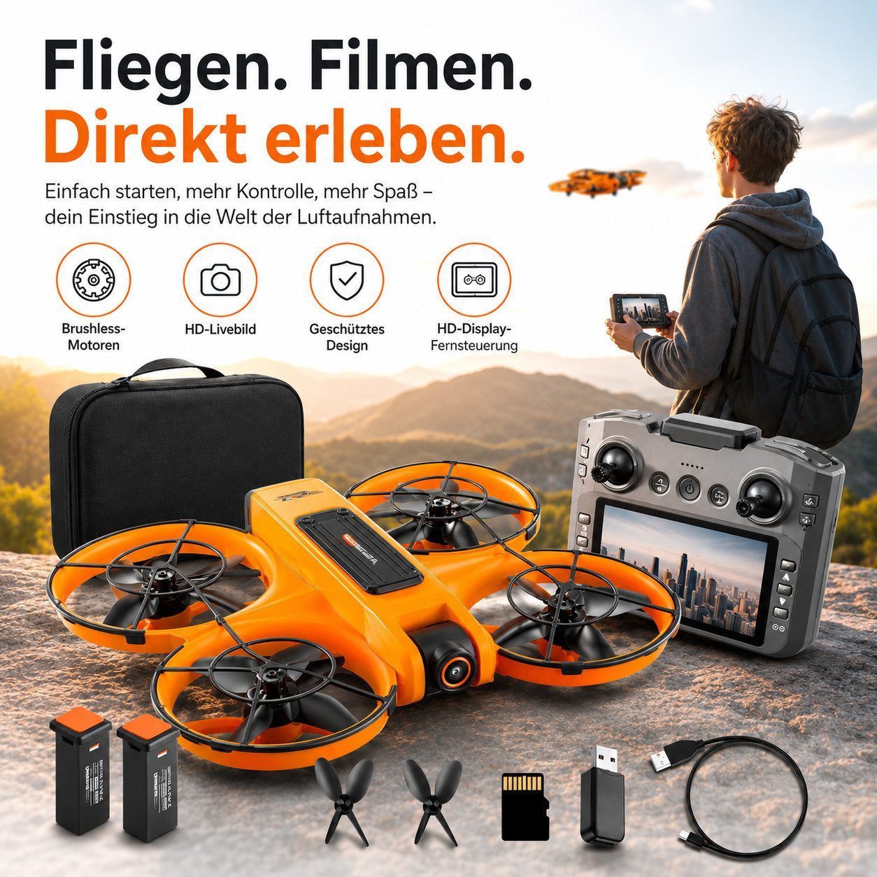 Goldstern-Tech RC-Quadrocopter (Drohne mit Dual-Kamera & Full-HD Displaycontroller, Kameradrohne, bis zu 60 Min. Flugzeit), Optical Flow, 360° Flugmodi, Propellerschutz