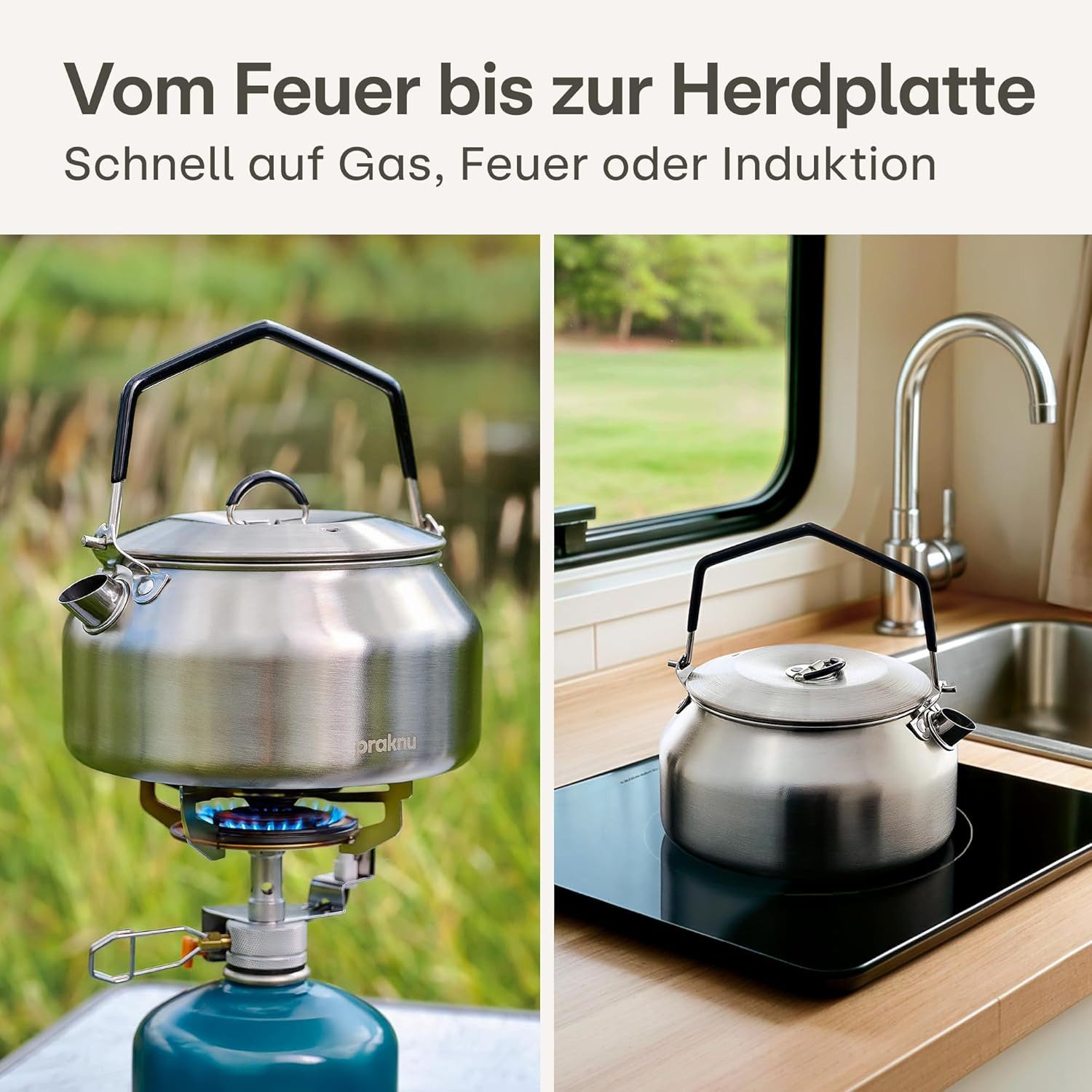 Praknu Reise-Wasserkocher Camping Wasserkocher Set 1L Edelstahl - Ohne Strom - Wasserkessel, 1 l, Stapelbar, kompakt, spülmaschinenfest, hitzebeständiger Griff
