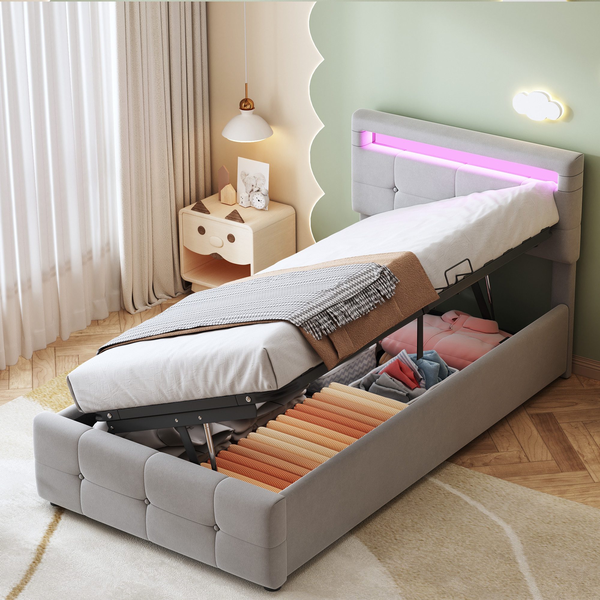 BlingBin Polsterbett Einzelbett Funktionsbett Kinderbett Jugendbett, 90x200 cm (1er Set, 1-tlg., mit LED-Leuchten, Höhenverstellbares Kopfteil), Hydraulisches Stauraumbett, Einzel-Hochboxbett, Samtstoff, Grau