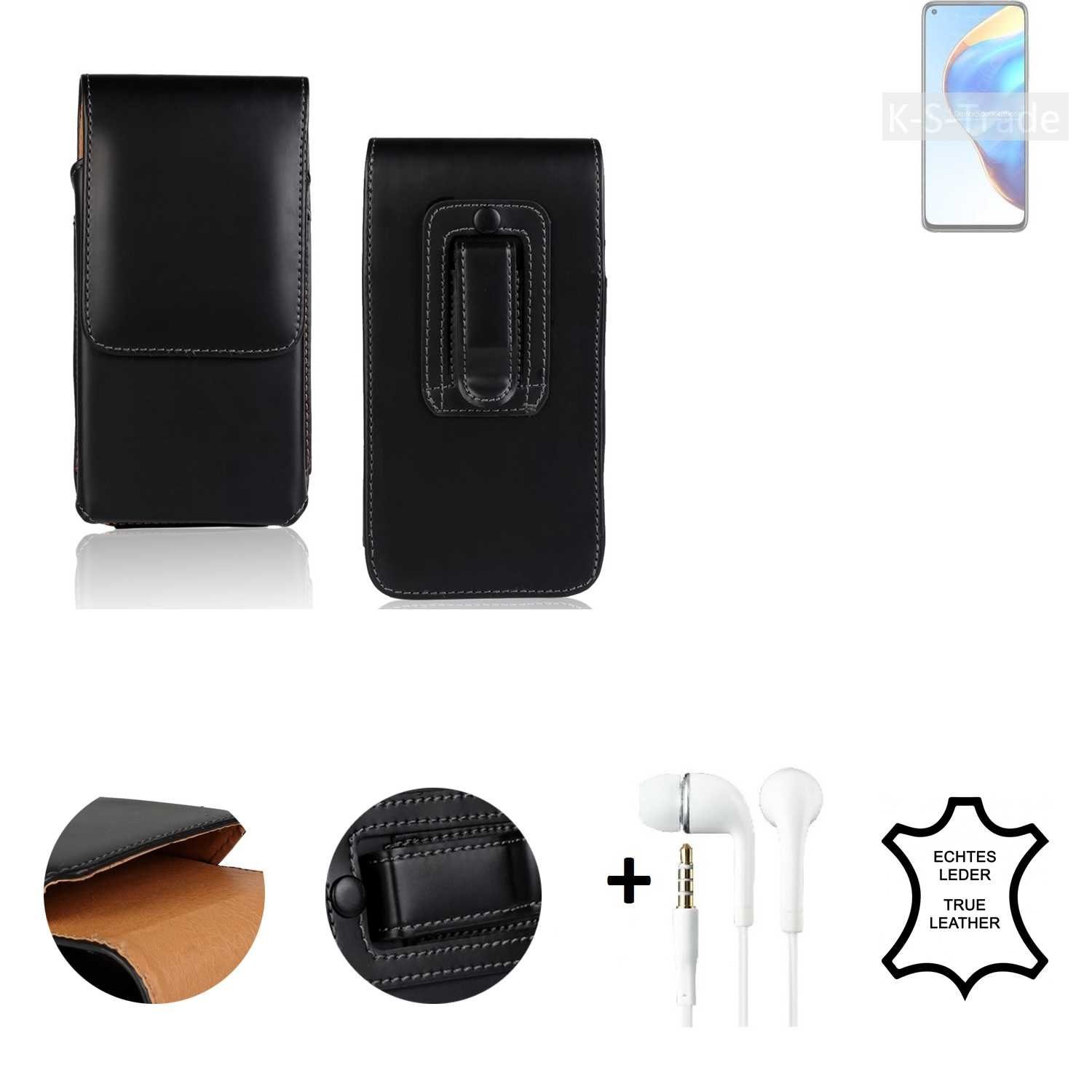 K-S-Trade Handyhülle für Xiaomi Mi 10T Pro, Leder Gürteltasche + Kopfhörer Seitentasche Belt pouch Holster