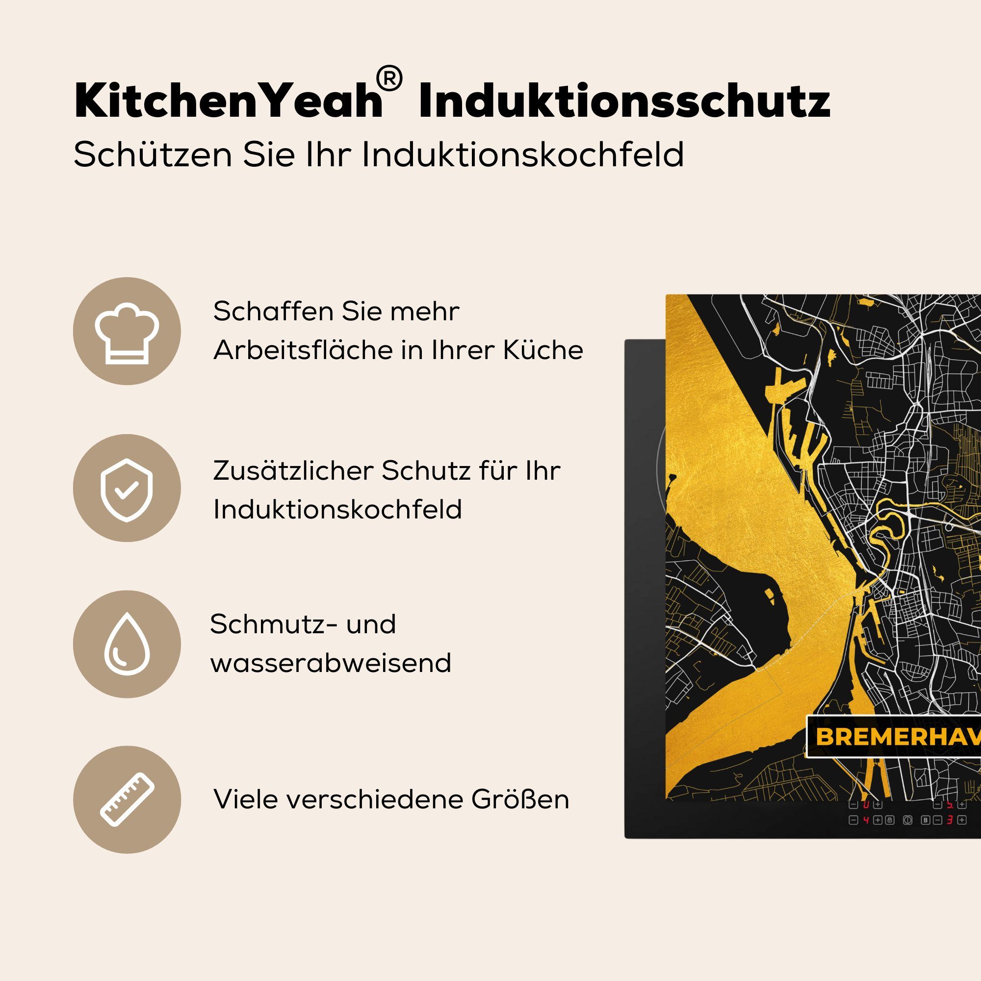 tlg), für Arbeitsplatte Stadtplan, 78x78 Bremerhaven Karte Deutschland MuchoWow Ceranfeldabdeckung, (1 Gold - - Herdblende-/Abdeckplatte Vinyl, cm, küche - -