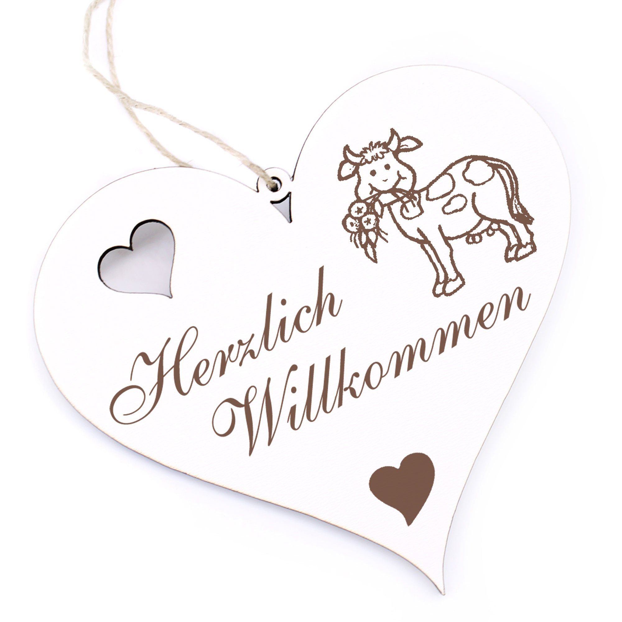 Dekolando Hängedekoration Herzlich Willkommen - niedliche Kuh mit Blume - 13x12cm