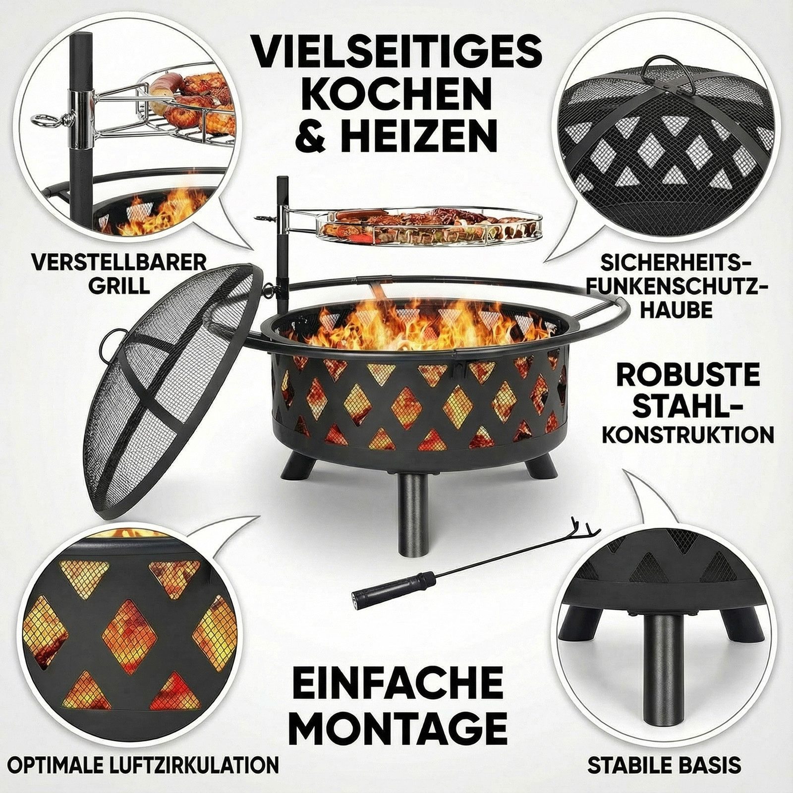 TLGREEN Feuerschale mit 360° Drehbarer Grill, (Garten Feuerkorb mit Funkenschutz, verstellbarem Grillrost & Zubehör), Ø 76 cm Feuerkorb, für 6-8 Personen – Outdoor Grillstelle