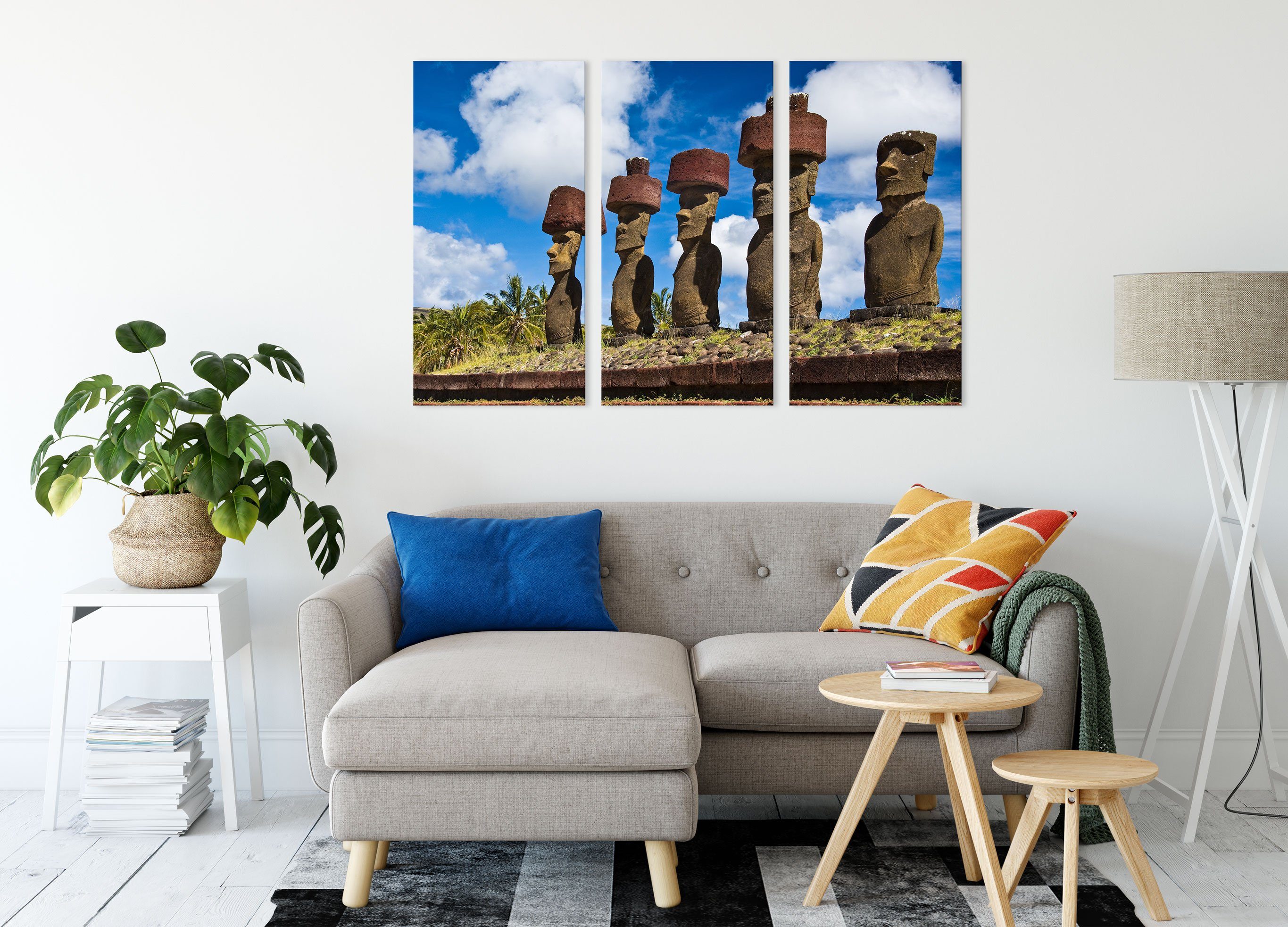 fertig bespannt, 3Teiler Osterinseln, Leinwandbild Osterinseln inkl. Moai St), Pixxprint Moai Zackenaufhänger (120x80cm) Statuen Leinwandbild Statuen (1