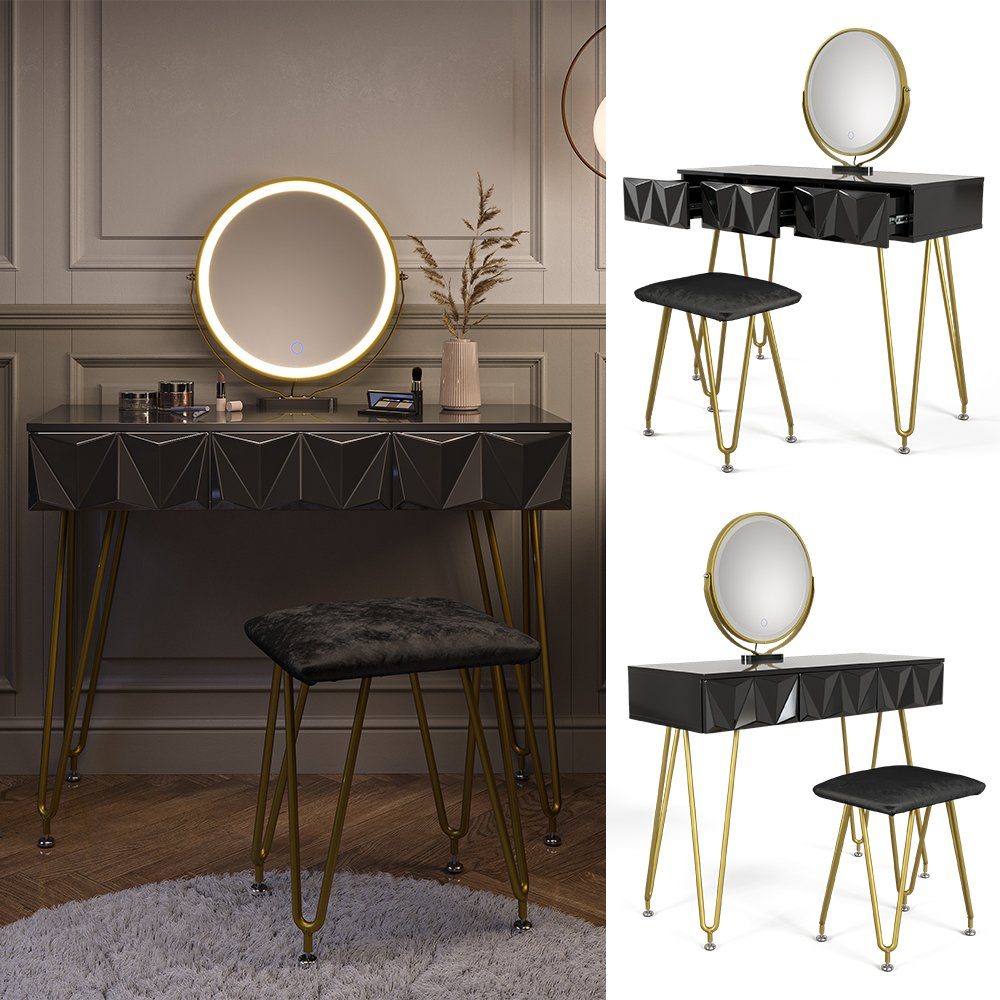 Vicco Schminktisch Ruby, Schwarz Hochglanz, 100 cm mit LED-Spiegel und Hock günstig online kaufen