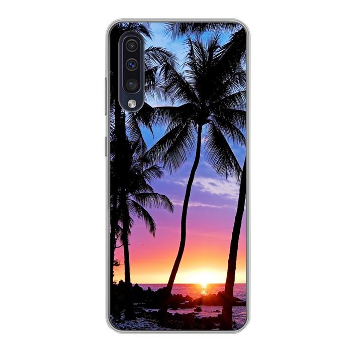 MuchoWow Handyhülle Eine Silhouette von Palmen während eines Sonnenuntergangs auf Hawaii Handyhülle Samsung Galaxy A30s Smartphone-Bumper Print Handy
