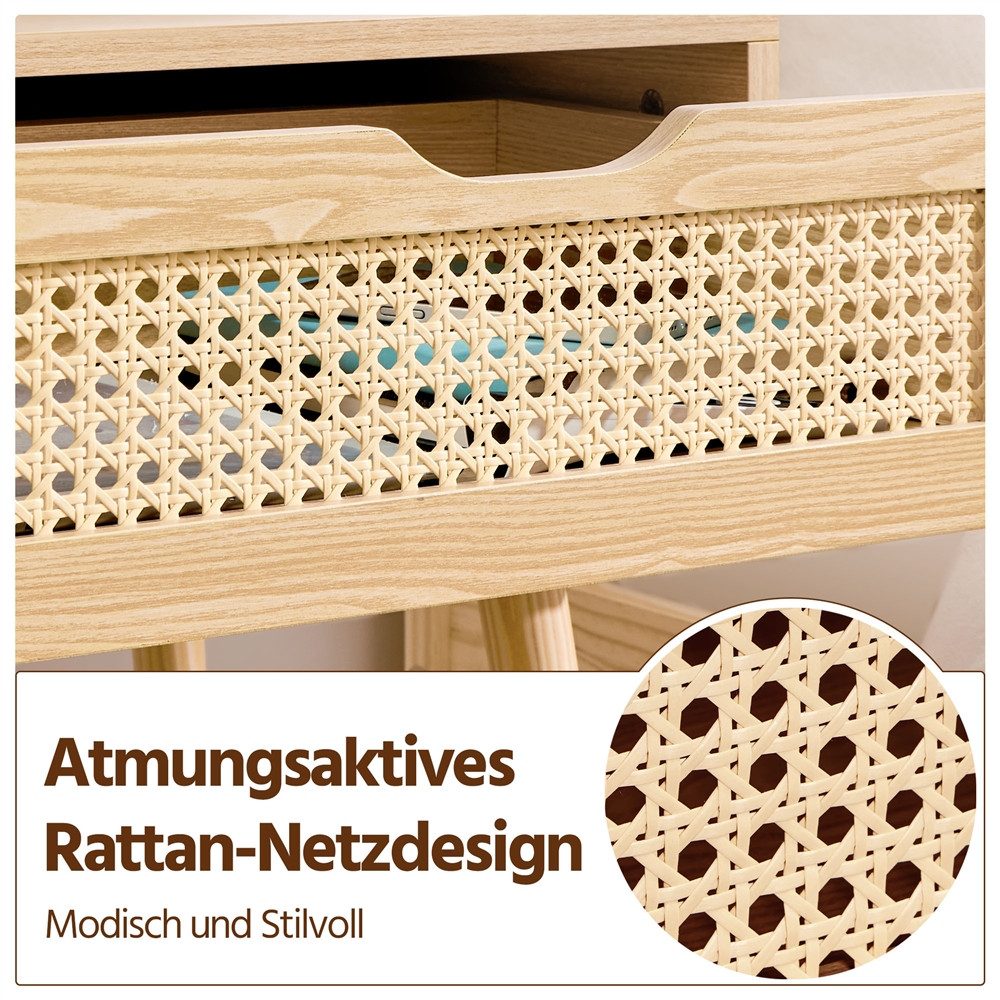 Yaheetech Nachttisch Ratten Beistelltisch (1-St), Nachtkommode mit 1 Schublade Holzbeine, 48,5 × 40 × 57,5 cm