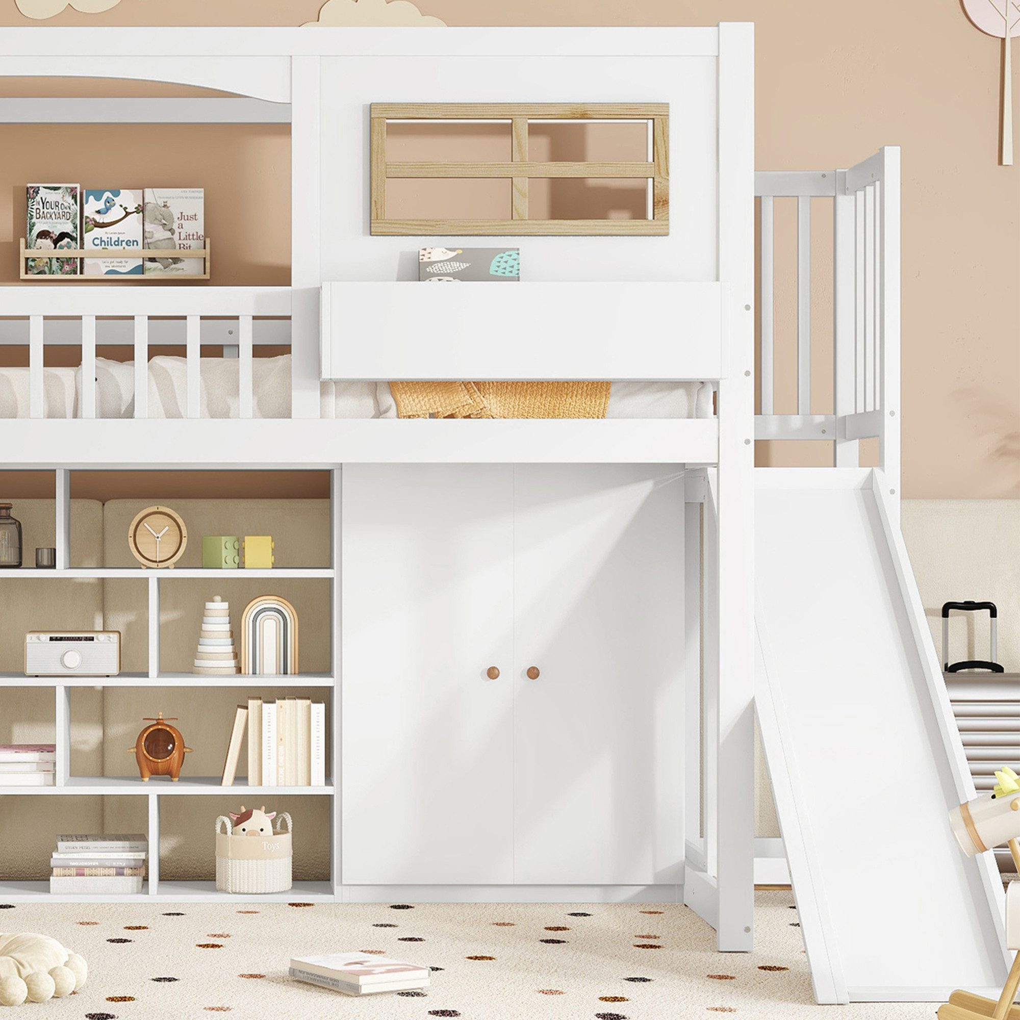 Merax Loft Bed (1 pc., Pine Children's Bed Playhouse with Safety Rail & Window) Bunk Bed 90x200cm with Wardrobe, Storage Compartments, Slide, Ladder