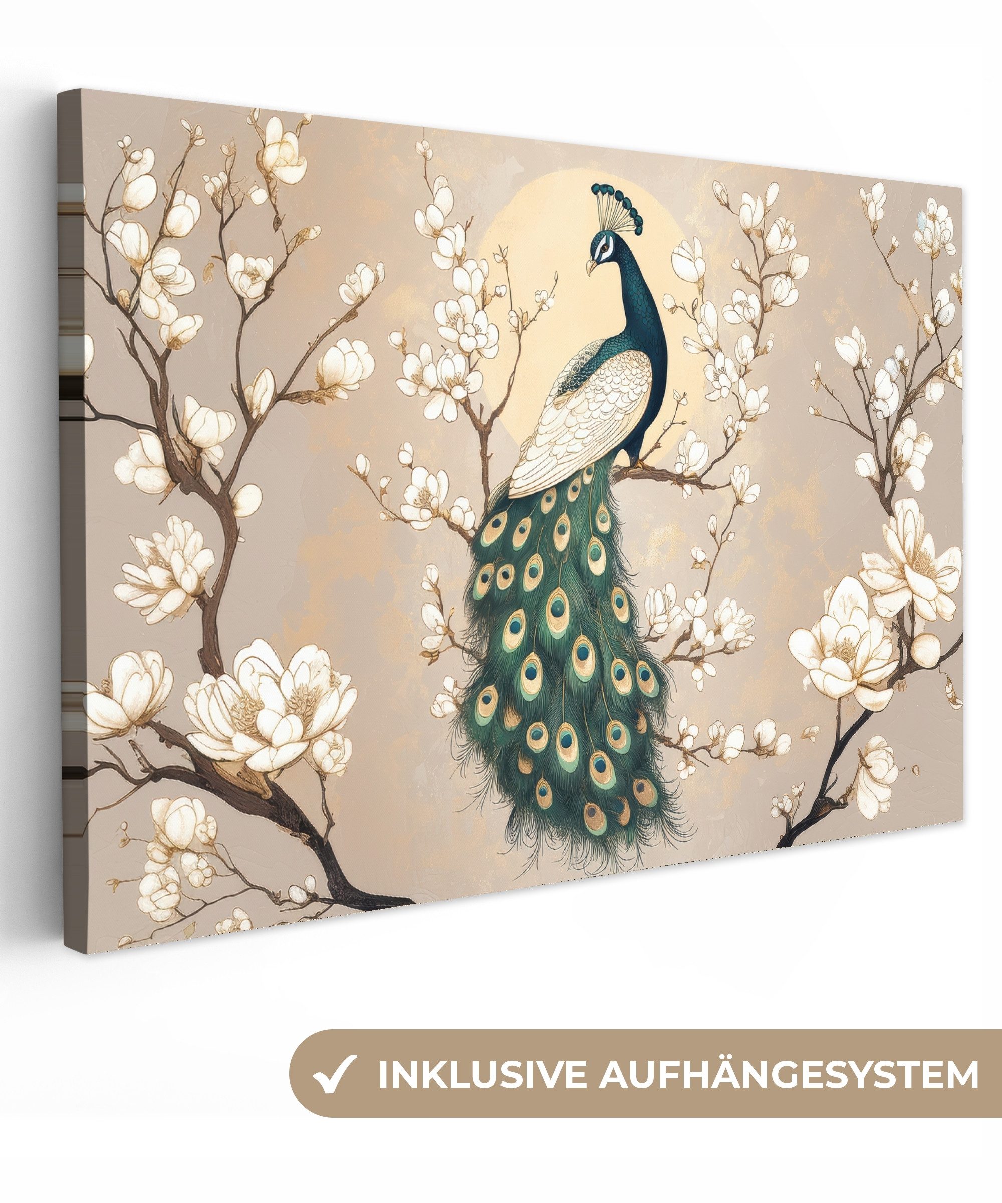 OneMillionCanvasses® Leinwandbild Pfau - Zweig - Blumen, Fotodruck (1 St), günstig online kaufen