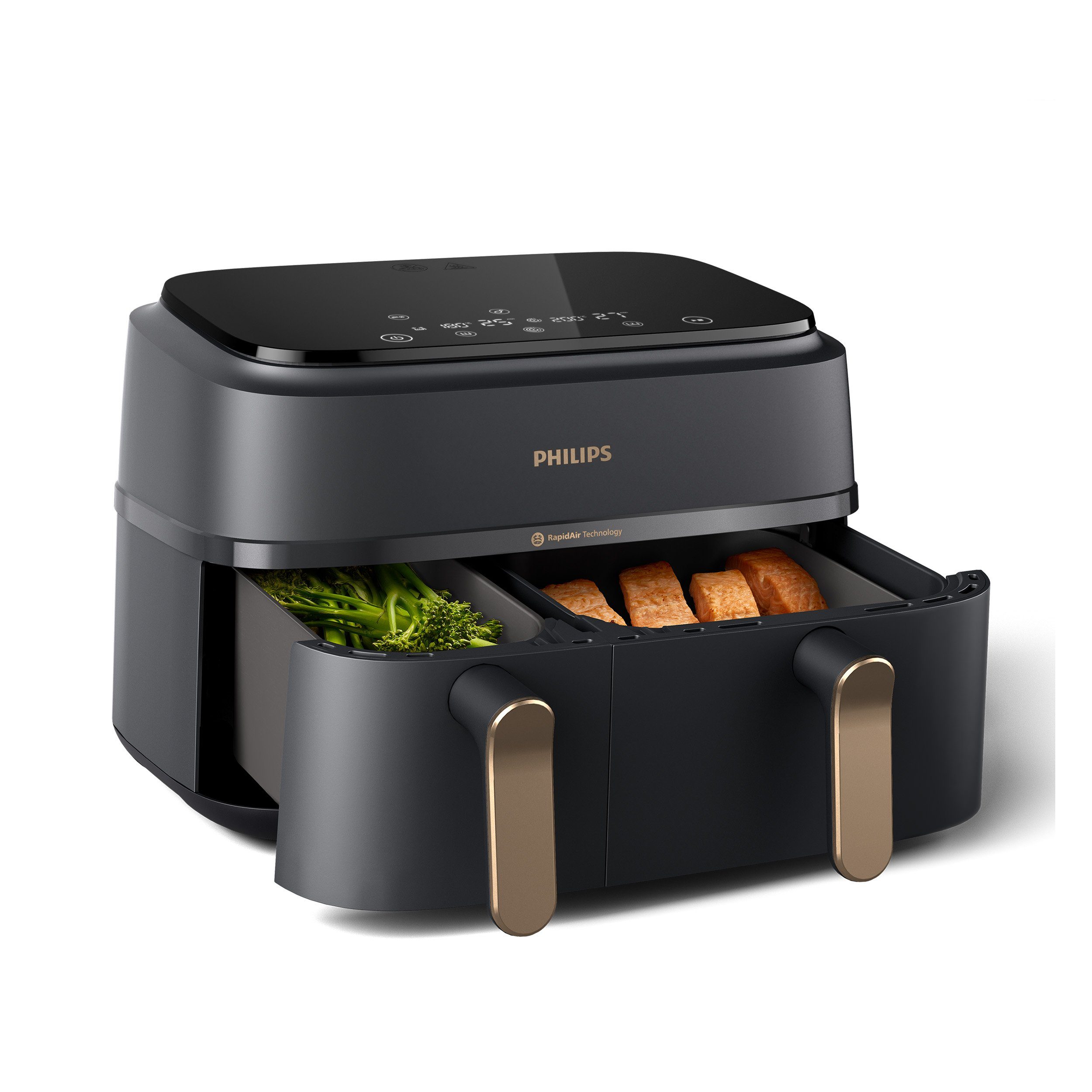 Philips Heißluftfritteuse 3000 Series NA352/00, Dual Basket Airfryer mit 9L Kapazität (3L+6L), 2750 W, RapidAir Technologie, Digitales Display, NutriU App; Schwarz/Kupfer