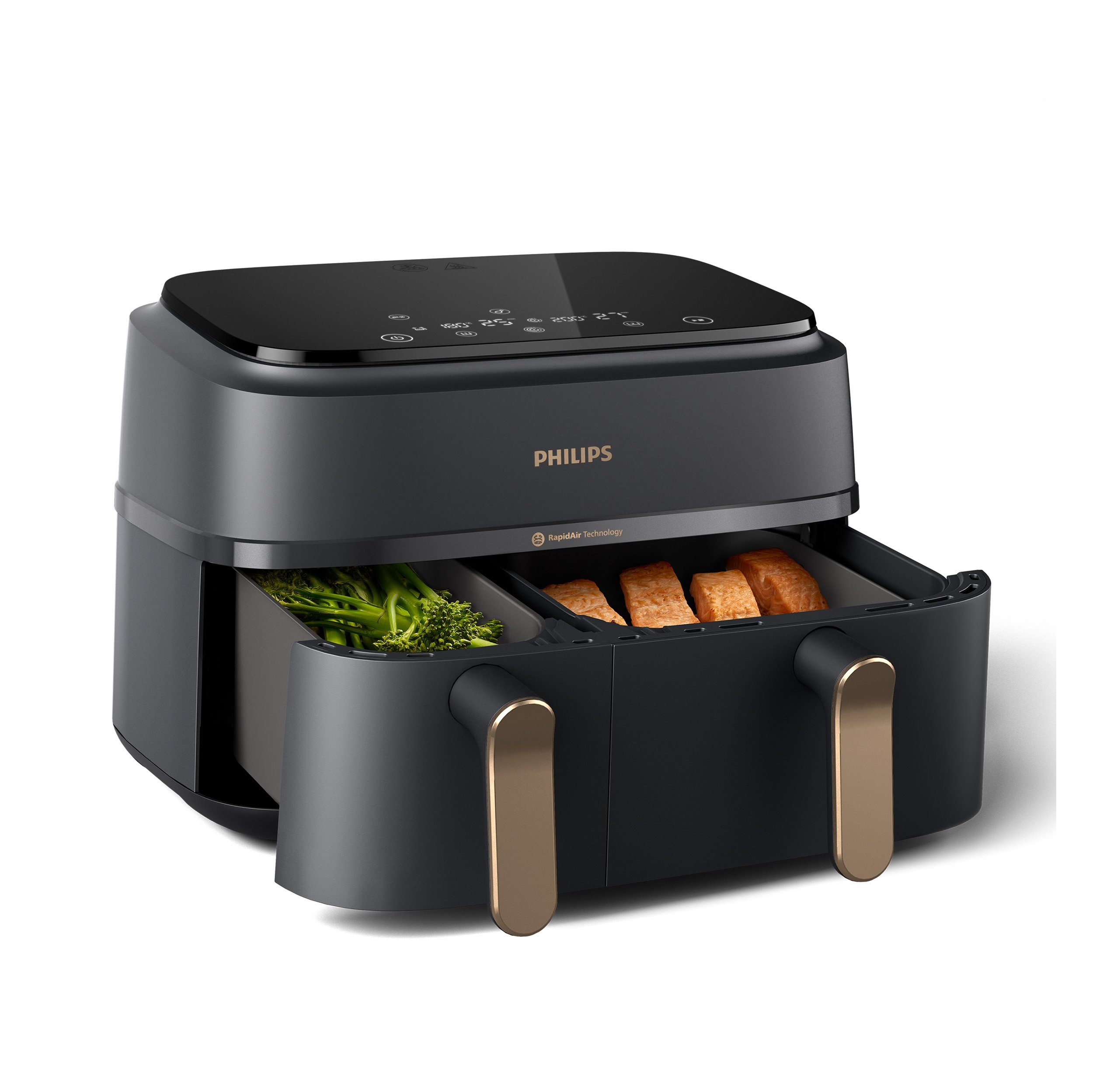 Philips Heißluftfritteuse 3000 Series NA352/00, Dual Basket Airfryer mit 9L Kapazität (3L+6L), 2750 W, RapidAir Technologie und 12 Kochfunktionen, Schwarz