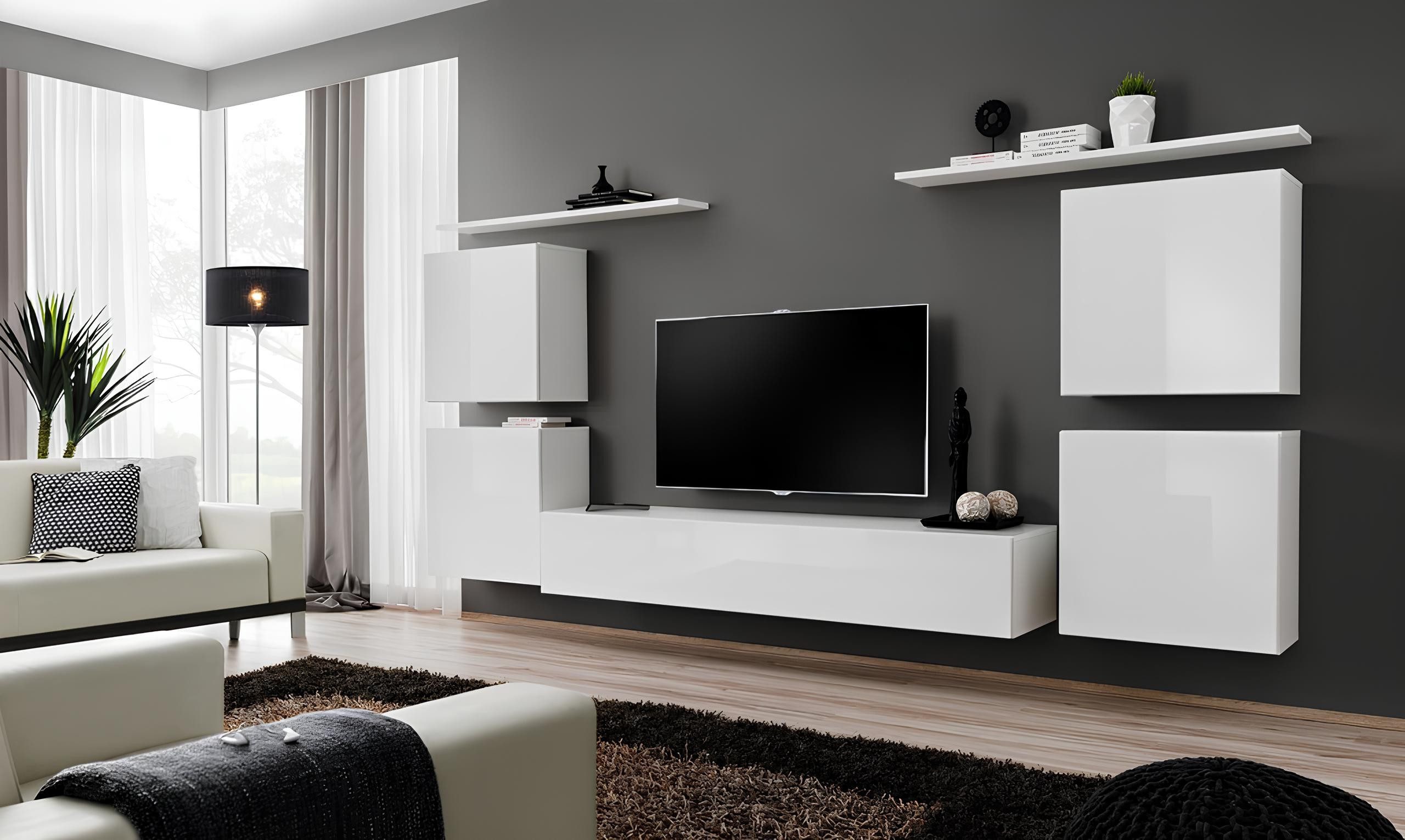 Xlmoebel Wohnwand 7tlg. Weißes Set für modernes Wohnzimmer mit TV-Ständer, Made in Europa