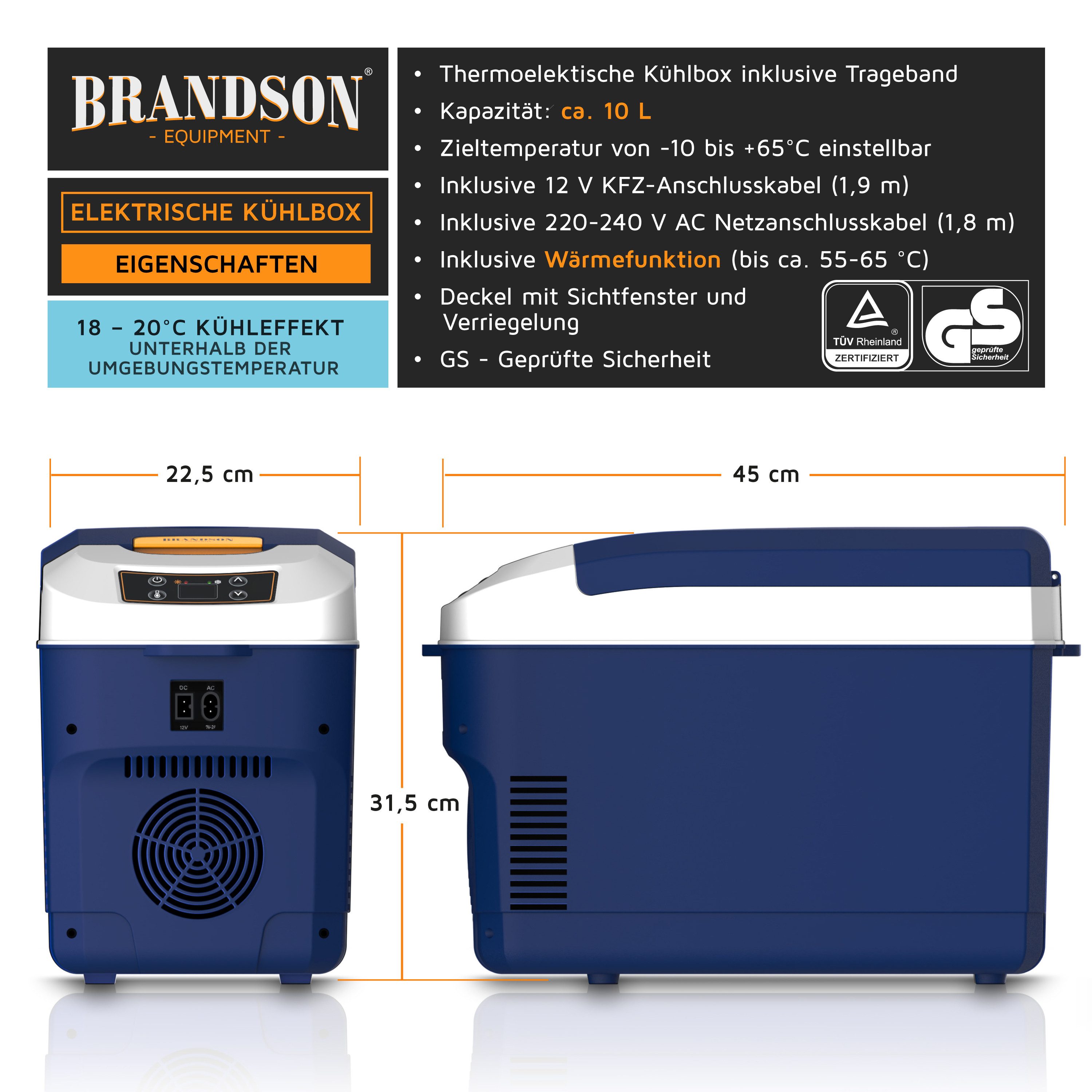 Brandson Elektrische Kühlbox 10 L,  Sichtfensterdeckel, Kühlt & hält Warm, von bis zu -10 bis +65°C, 10 l, 230 V Netzspannung &12 V KFZ Auto Bordspannung, Kühlbox elektrisch