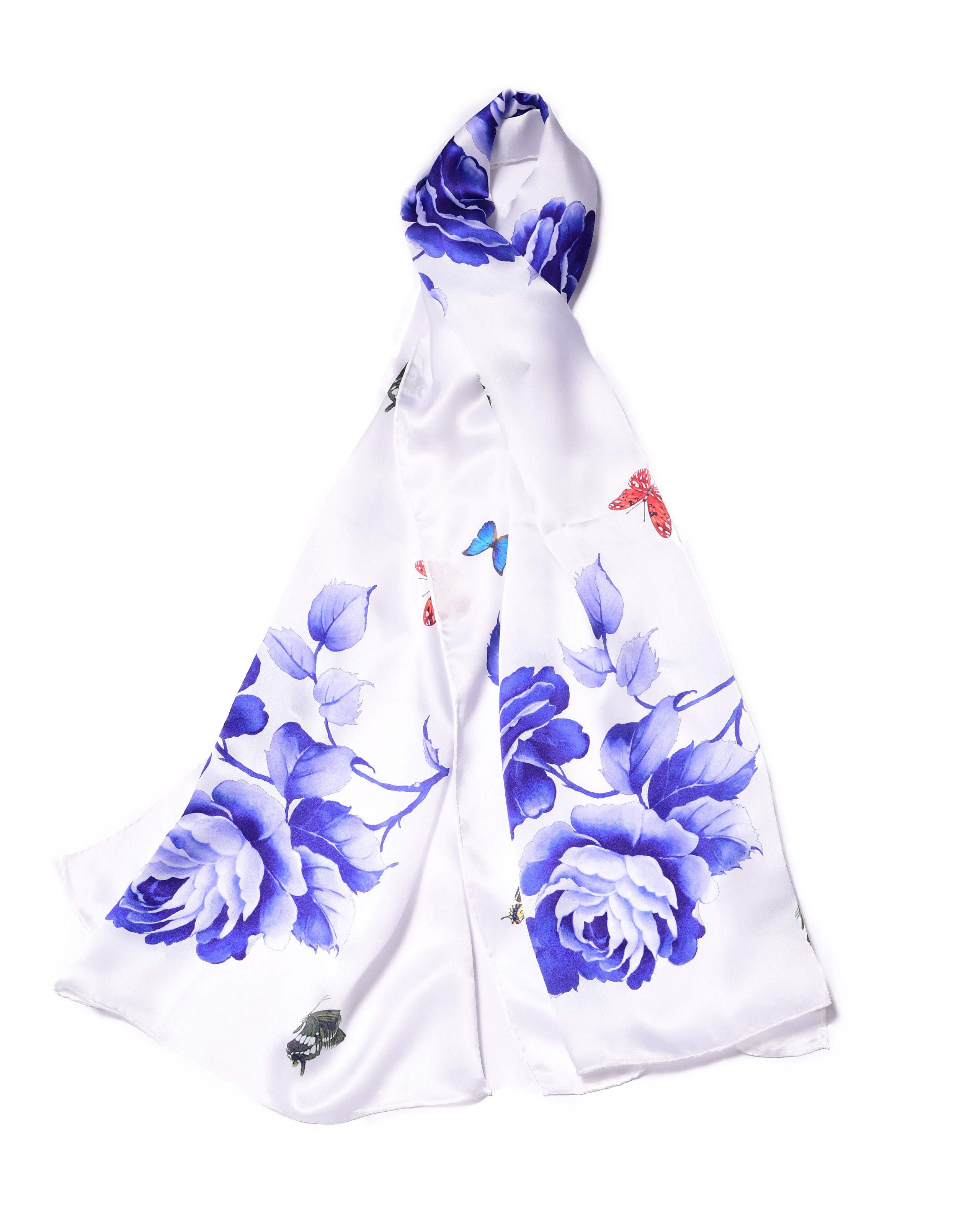 Seidenschal Rose Blau, 55 x 175 cm, leichter Damen-Schal, alljährig
