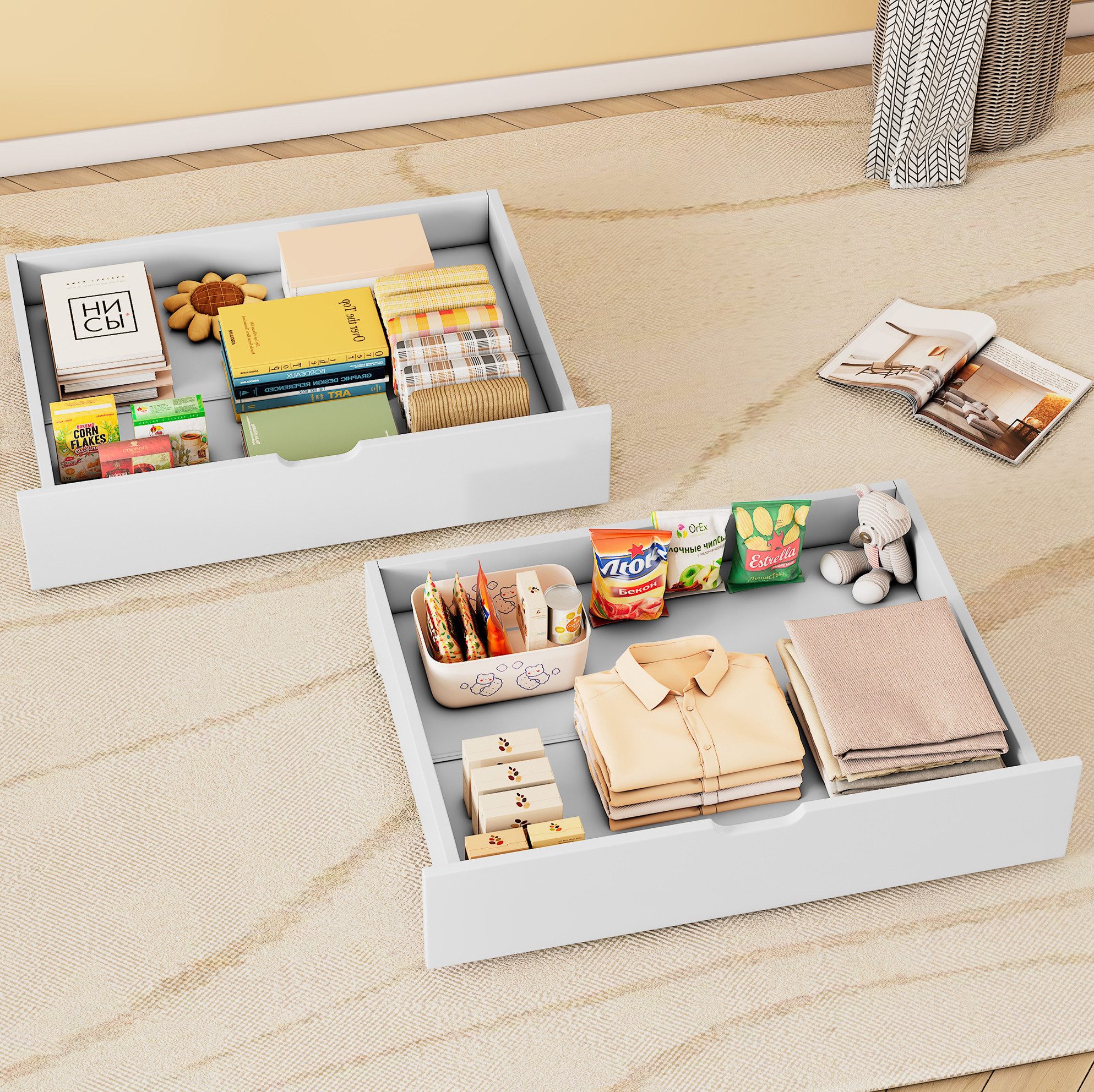 REDOM Schubkasten Bett-Schubladen mit Rollen, 2er-Set in Weiß (platzsparend, einfache Montage), 93x66,5x20 cm, MDF, für Fußende