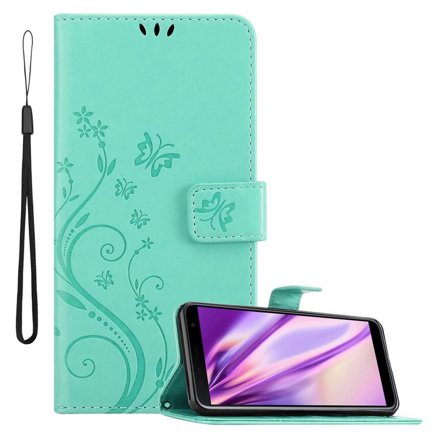 Cadorabo Handyhülle für Samsung Galaxy J6 PLUS Hülle Samsung Galaxy J6 PLUS, Hülle Schutzhülle Blumen Flower mit Standfunktion Kartenfach Magnet