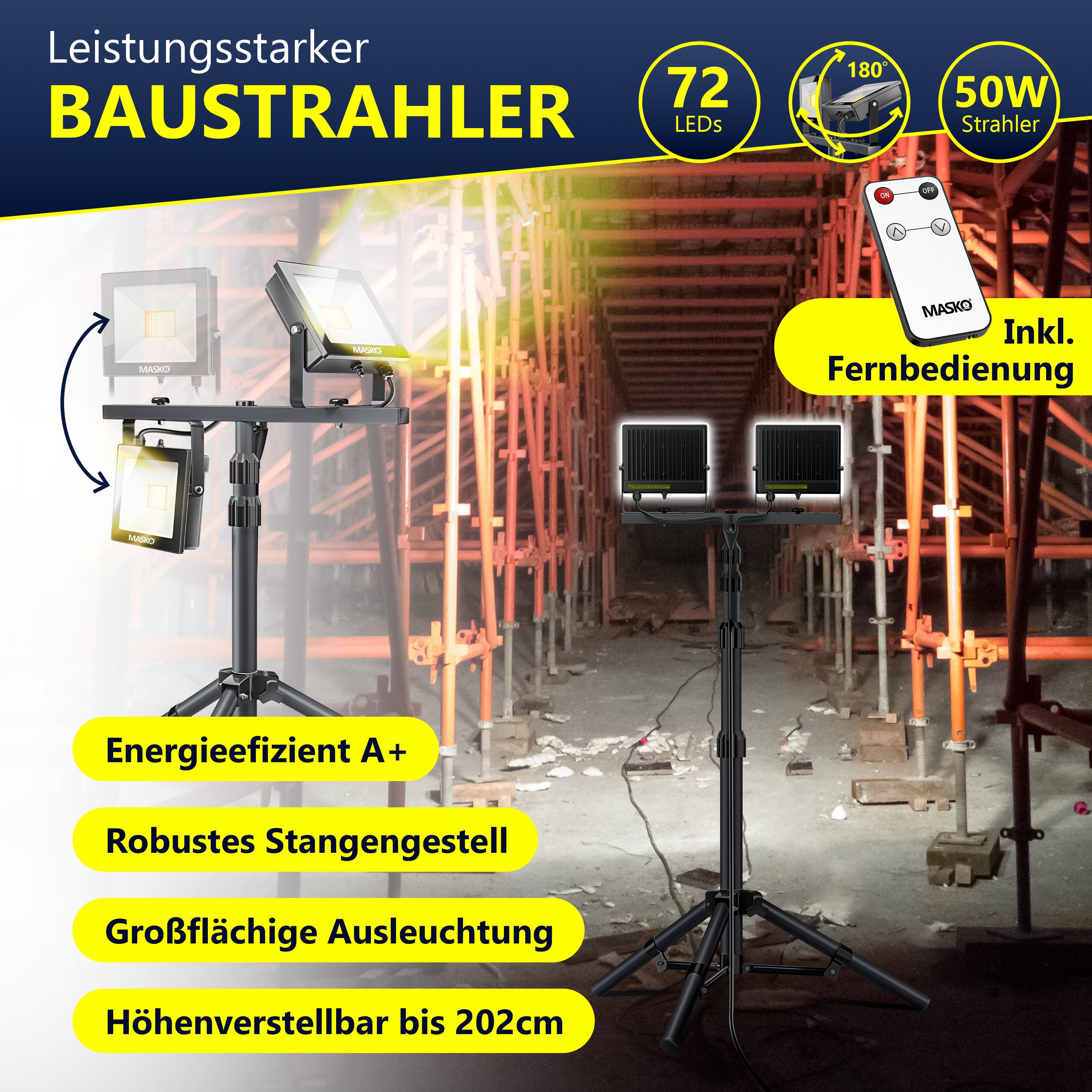 MASKO LED Baustrahler LED Fluter mit Stativ höhenverstellbar bis 202cm, 800 günstig online kaufen