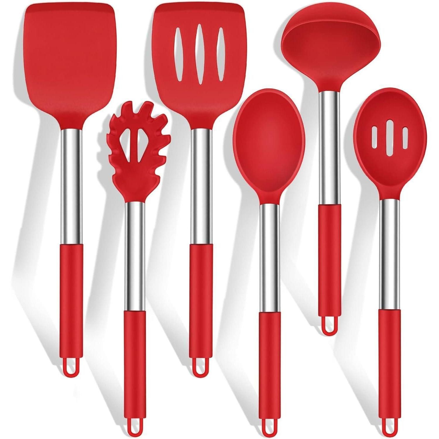 Kochbesteck-Set Küchenhelfer Set Silikon Kochlöffel Edelstahl 6er Rot