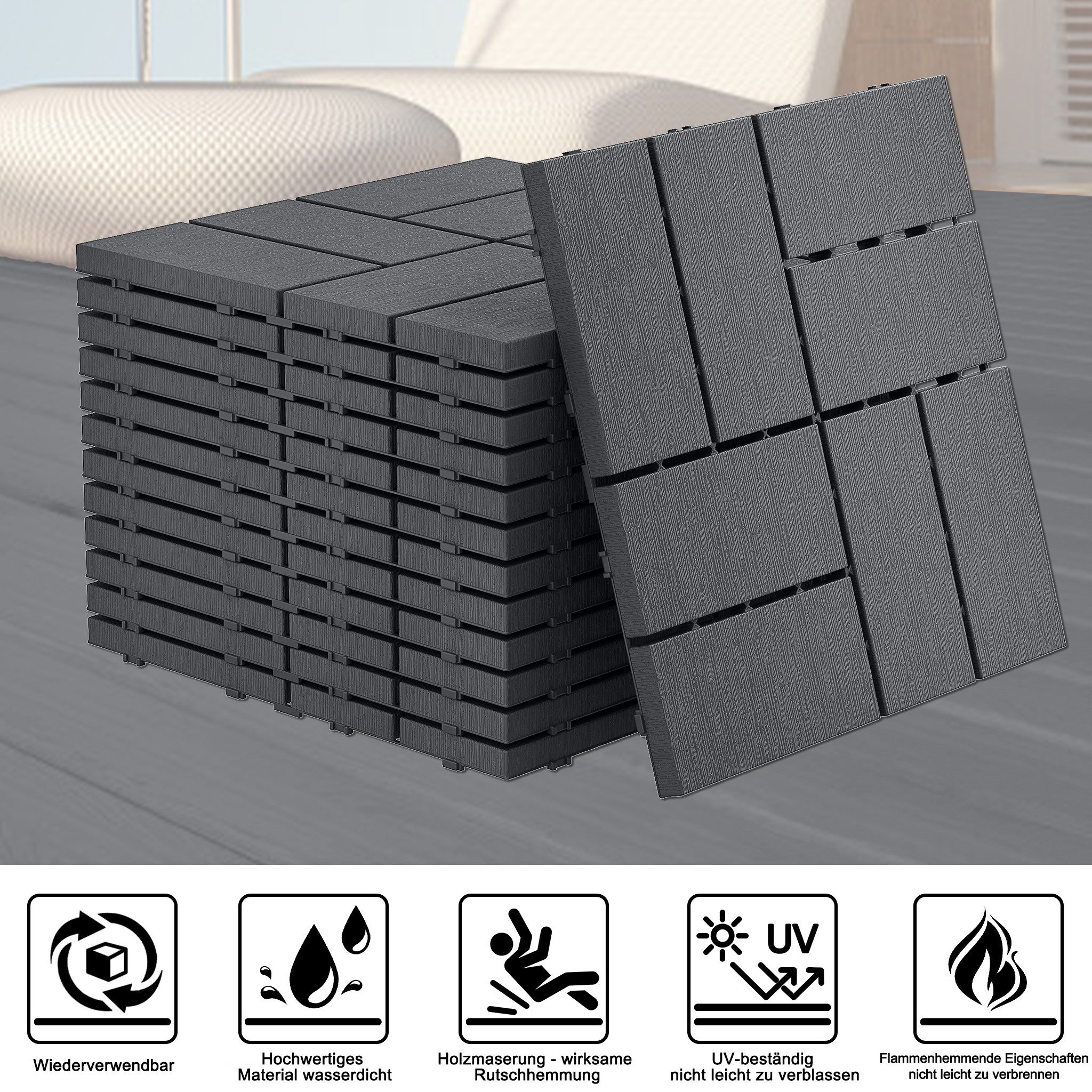 FIVMEN Terrassendielen Fliesen Klickfliesen Bodenbelag 30x30cm, Anthrazit/Braun(Typ A), (44-St), in Holzoptik für Terrassen, Gärten, Schwimmbäder – Bild 3 von 5