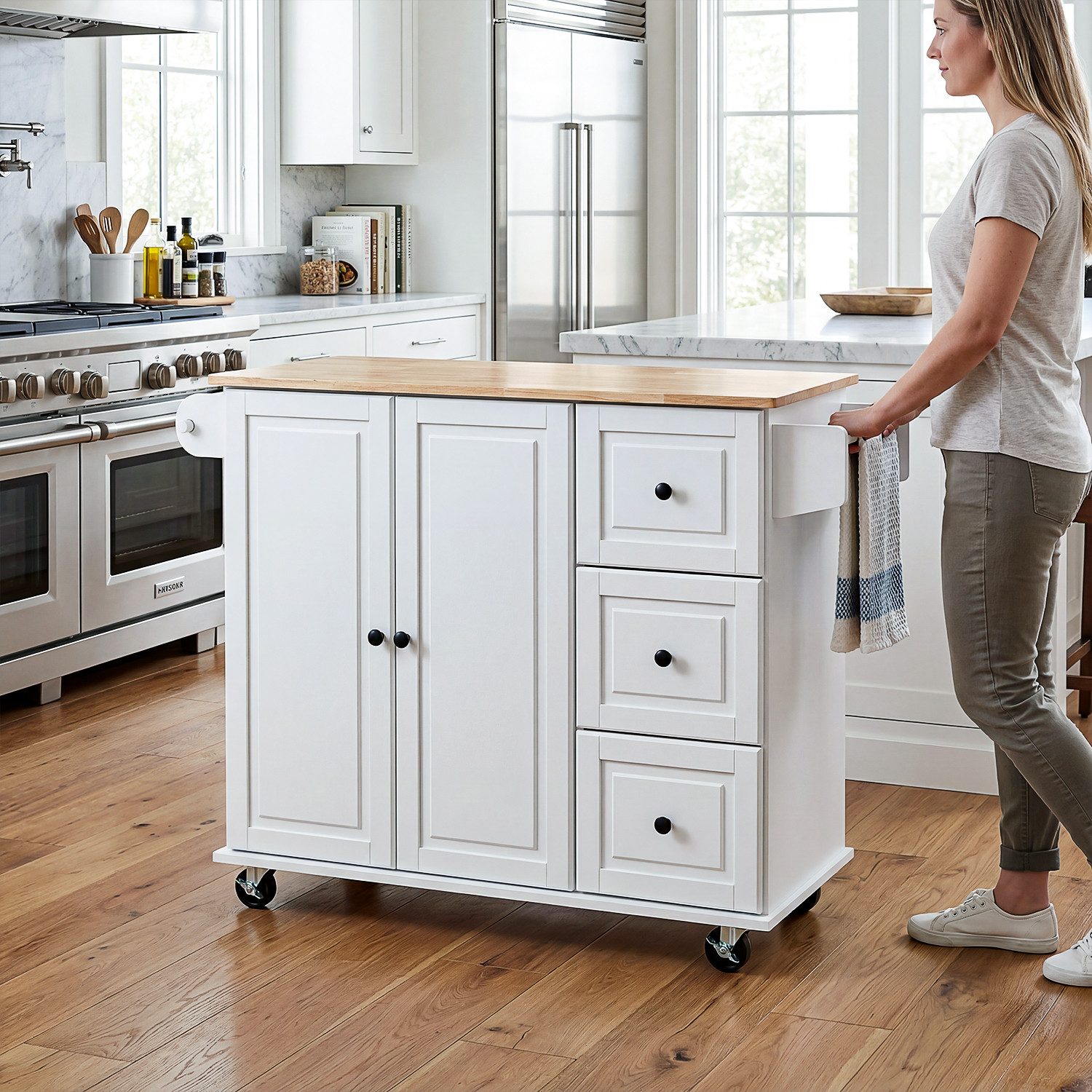 oyajia Küchenwagen mit erweiterbare Arbeitsplatte, Rollen und Handtuchhalter Sideboard, (Kücheninsel Buffetschrank Servierwagen mit verstellbare Ablagen, 1 St., 97 x 40/ 63.5 x 91 cm), mit 3 Schubladen