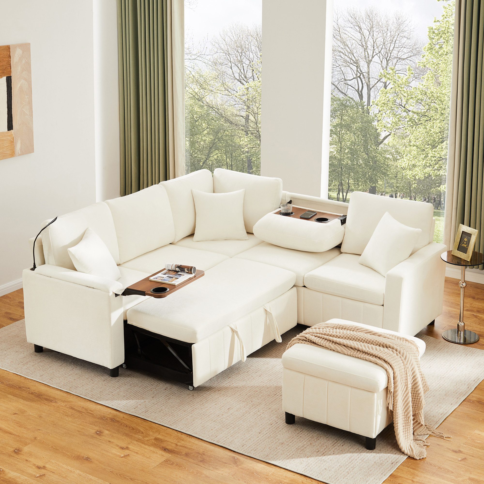 Merax Ecksofa 4-Sitzer Schlafsofa, mit Schlaffunktion, Ausziehsofa, Hocker, 1 Teile, Tisch mit Getränkehaltern, Chenille Soffa