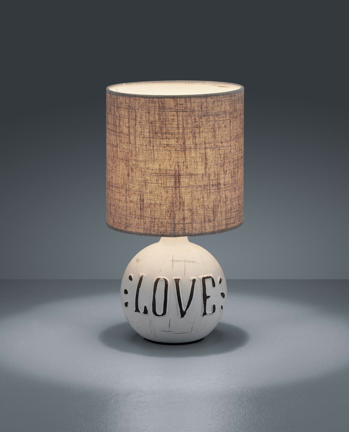 Keramikfuß mit Tischleuchte LOVE-Schriftzug, Esna, E14 wechselbar, Stoffschirm Leuchtmittel Schreibtischlampe und TRIO Leuchten