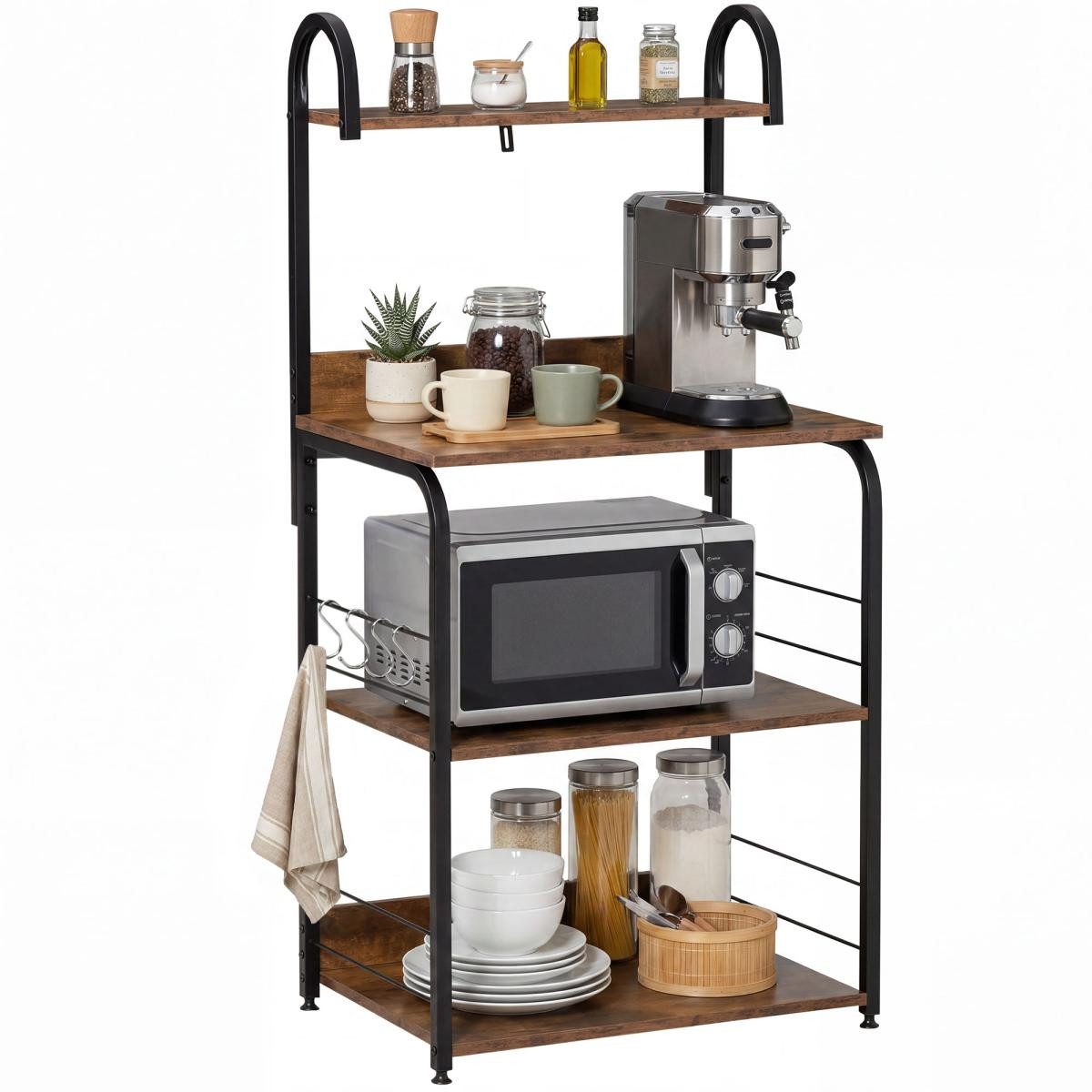 FELIXLEO Beistelltisch Regal 60 x 40 x 125 cm Braun Küchenregal Standregal Ablagen Haken cm
