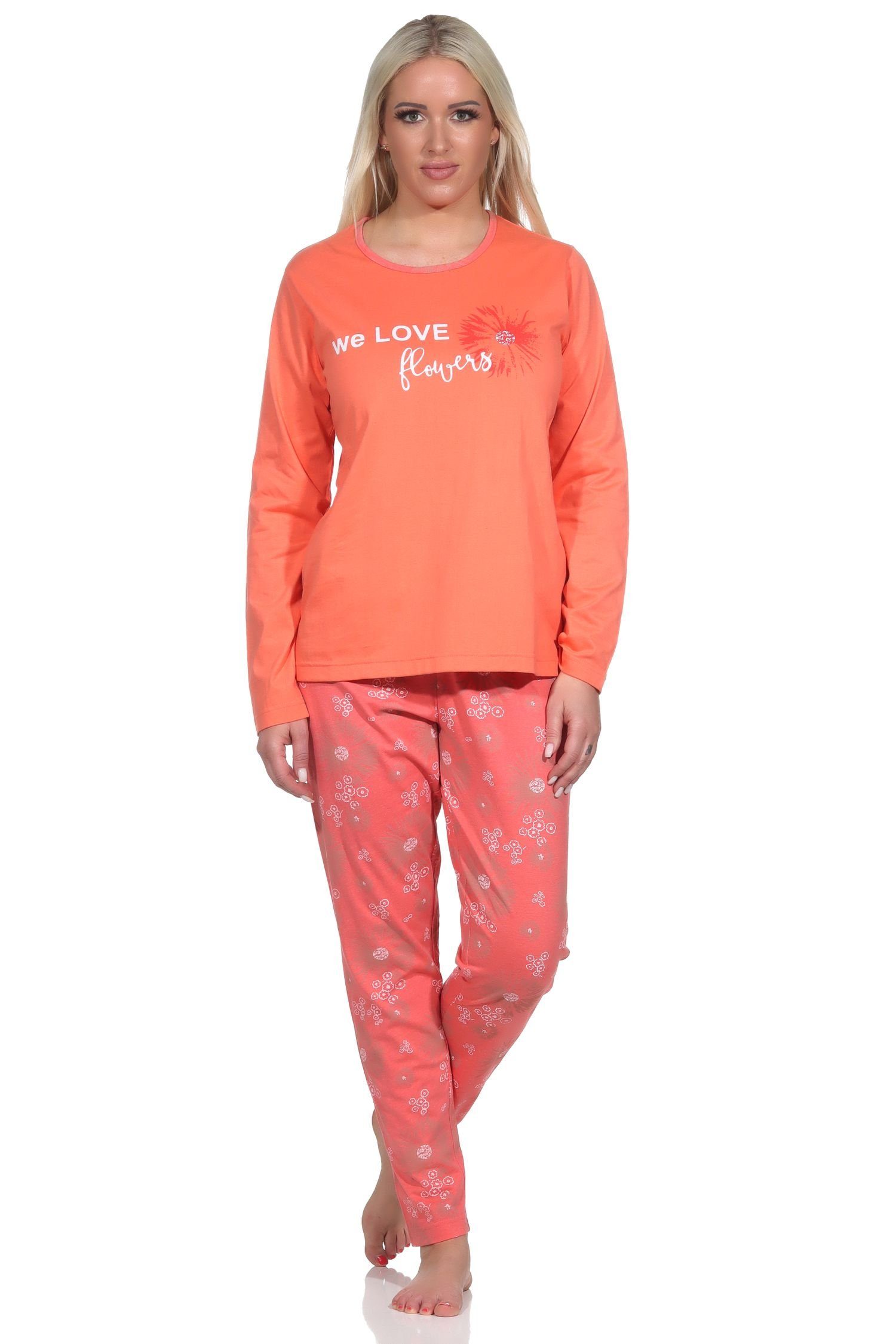 Normann Pyjama Verspielter Damen Pyjama lang, Schlafanzug mit floralem Muster apricot