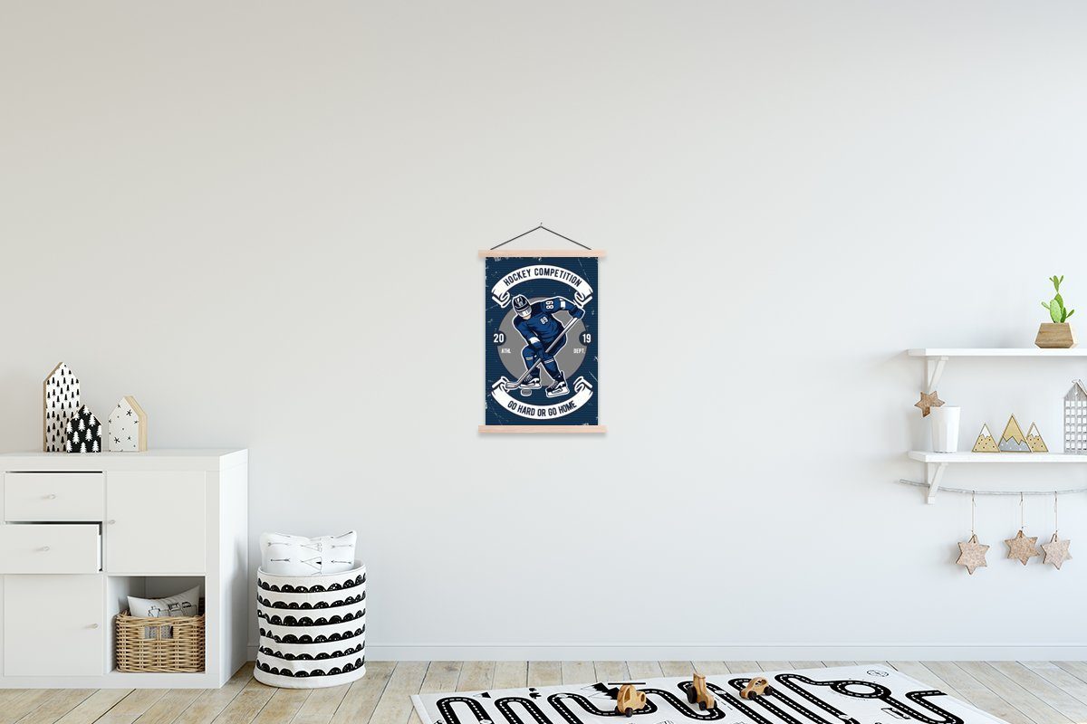 MuchoWow Poster Eishockey - Mann - Retro, (1 St), Posterleiste, Textilposter für Wohnzimmer, Bilderleiste, Magnetisch