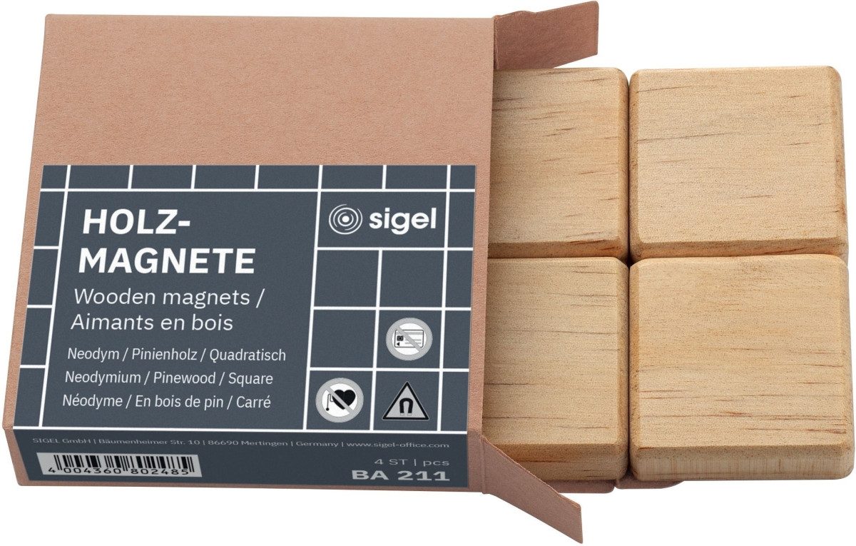 Sigel Magnet Holz-Magnet quadratisch Pinienholz Neodym 33x33x9mm VE=4 Stück