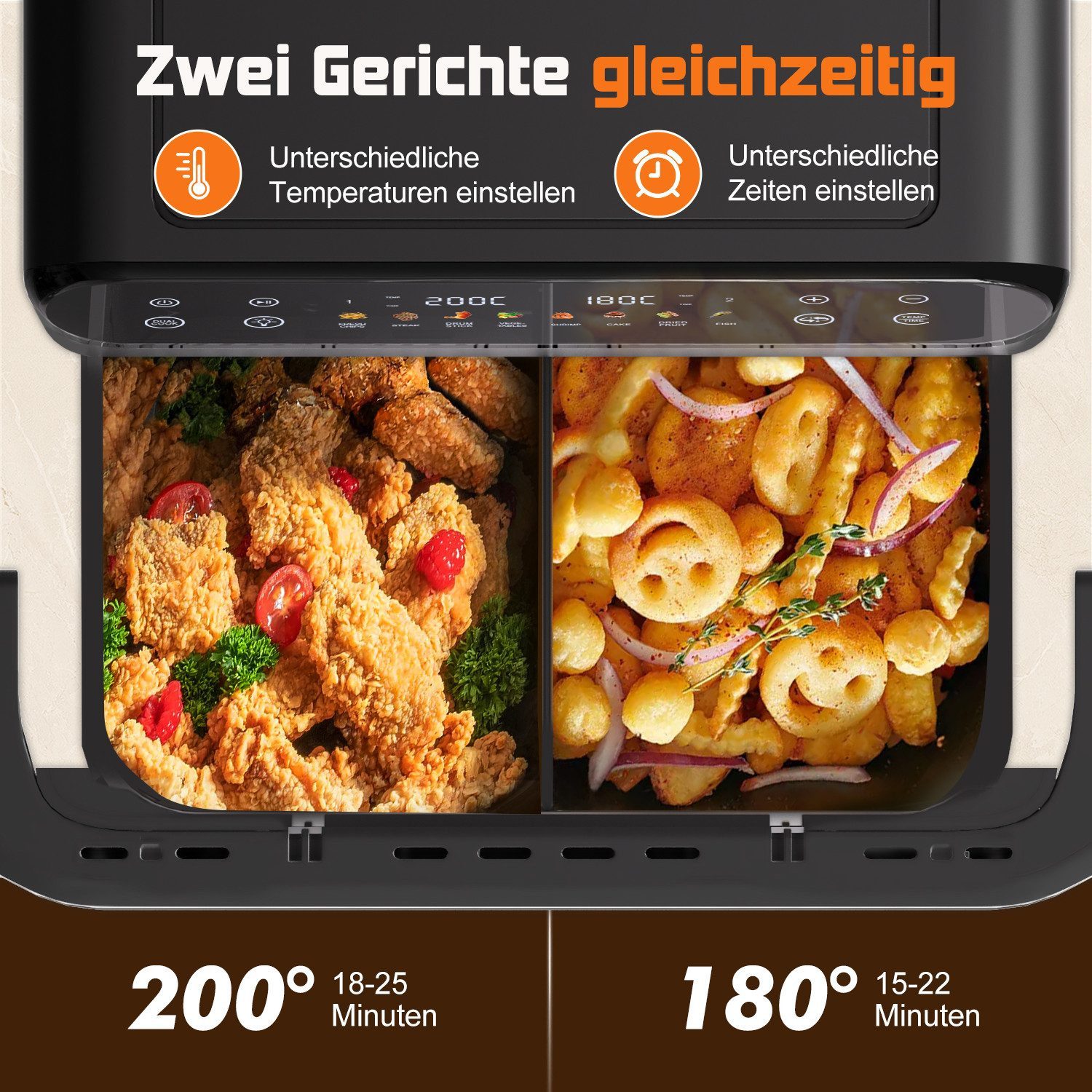 Fukstern Heißluftfritteuse XXL Familien-Airfryer 10L – Ein Topf oder 2-Zonen Airfryer mit Metall-Innenraum, Touchscreen & Sichtfenster, 2400 W, Herausnehmbare Trennwand, 8-in-1, separate Temperatur – Pizza