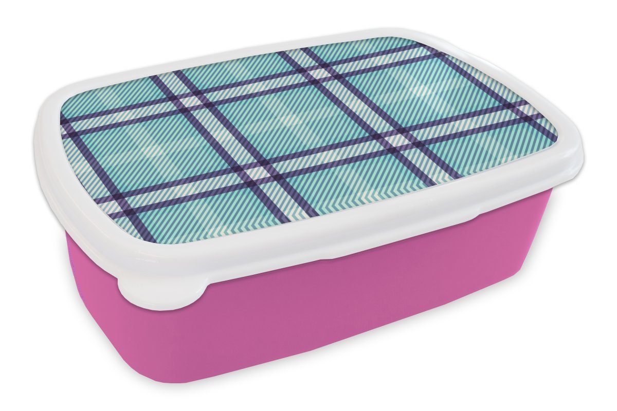 MuchoWow Lunchbox Kariert - Blau - Muster - Schottisches Karo, Kunststoff, (2-tlg), Brotbox für Erwachsene, Brotdose Kinder, Snackbox, Mädchen, Kunststoff rosa