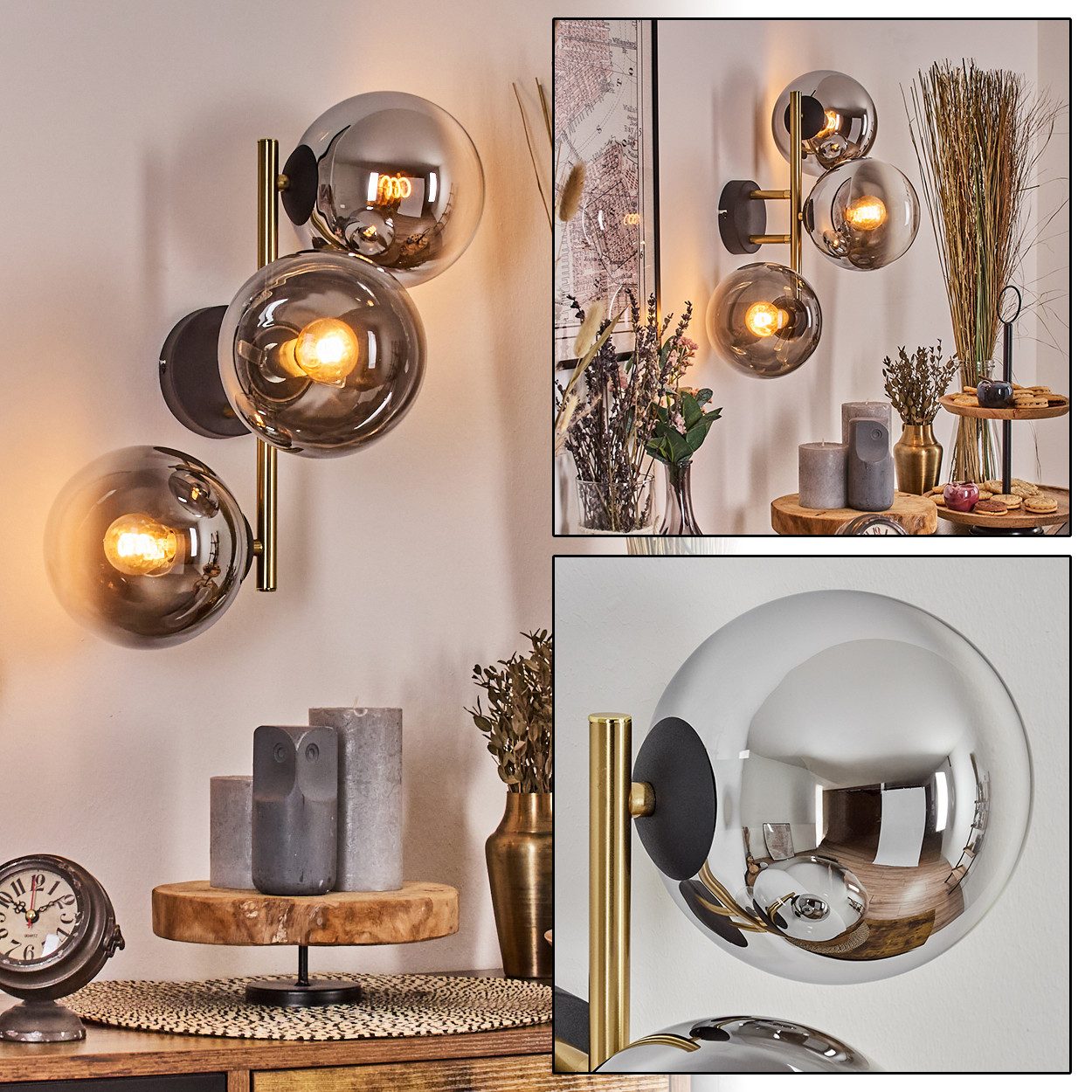 hofstein Wandleuchte Wandlampe aus Metall/Glas in Schwarz/Gold/Chrom/Rauch/Klar, moderne Wandleuchte im Retro/Vintage-Design (Schirme 15 cm), E14