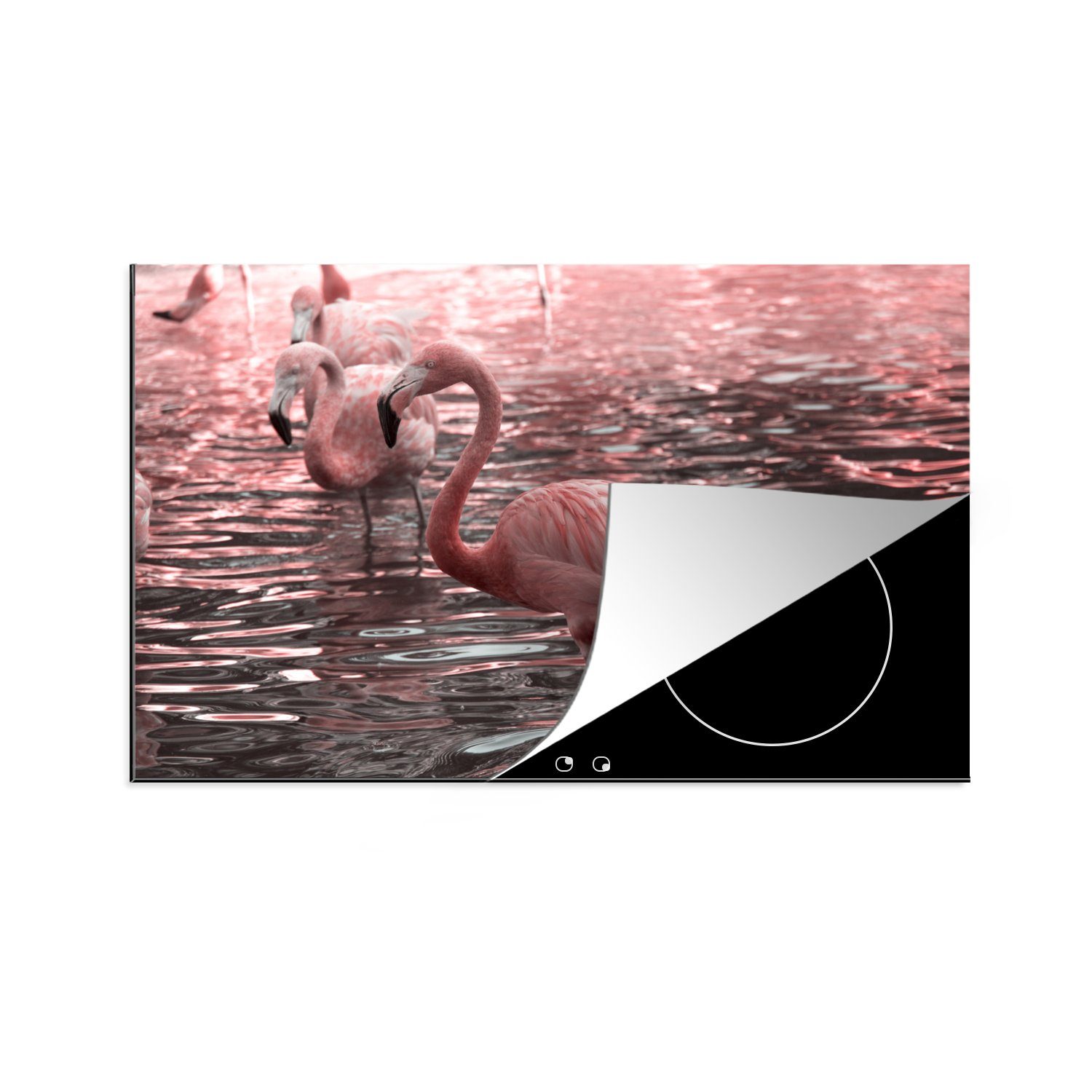 MuchoWow Herdblende-/Abdeckplatte Eine Gruppe von Flamingos steht im Wasser, Vinyl, (1 tlg), 81x52 cm, Induktionskochfeld Schutz für die küche, Ceranfeldabdeckung
