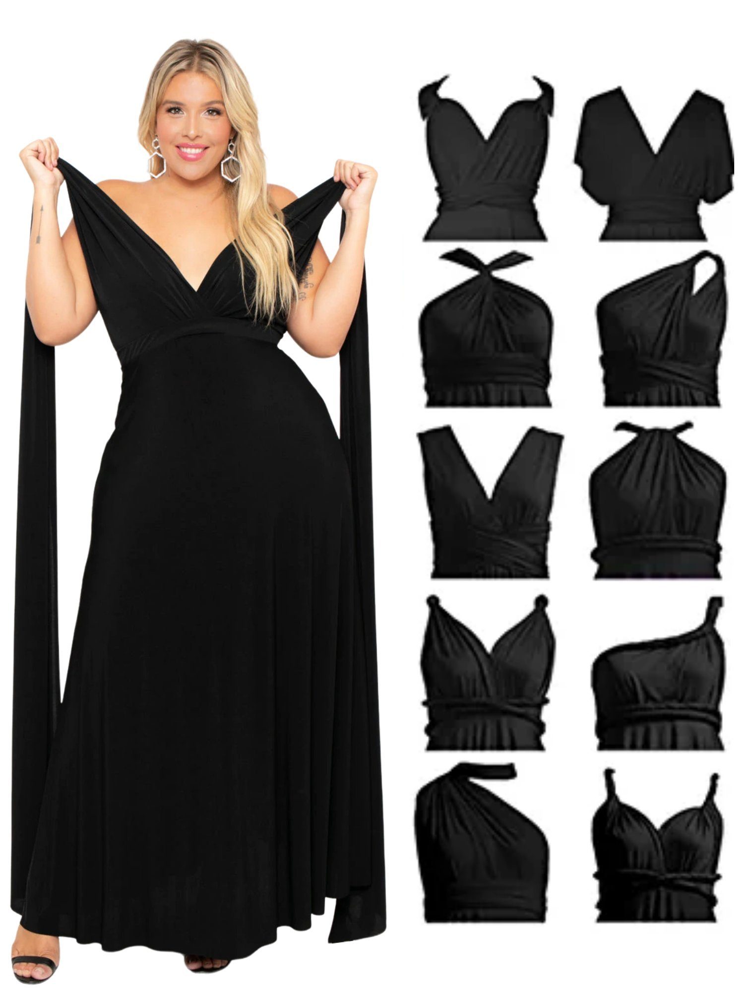 PYL Cocktailkleid Damen Plus Size Schwarzes Maxikleid, Multi Way Wrap  Abendkleid Multi-Way-Wear