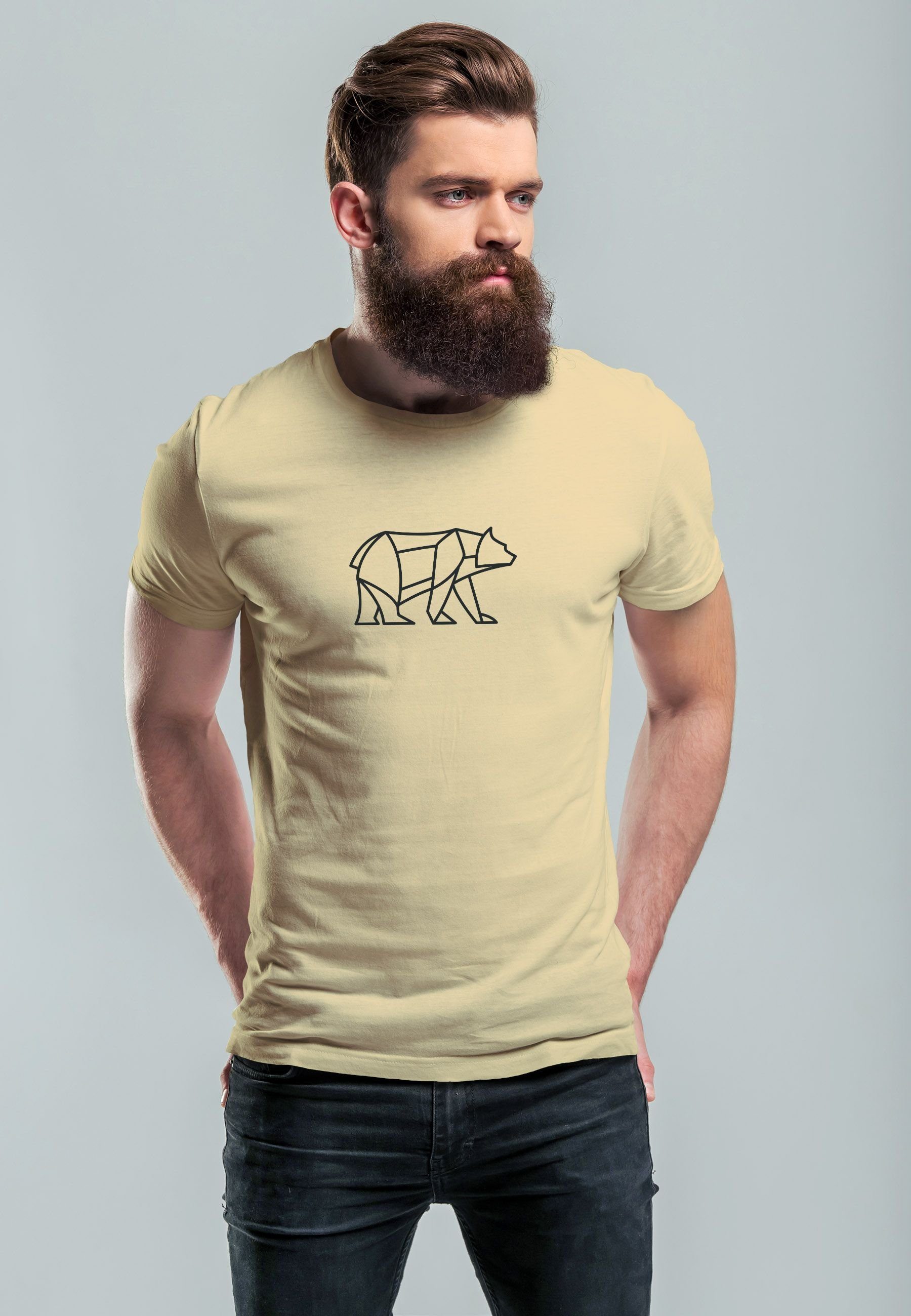 Fashion T-Shirt Polygon Herren natur Neverless Outdoor Bär Print 2 Polygon Bear Print-Shirt Design mit Tiermotiv Print