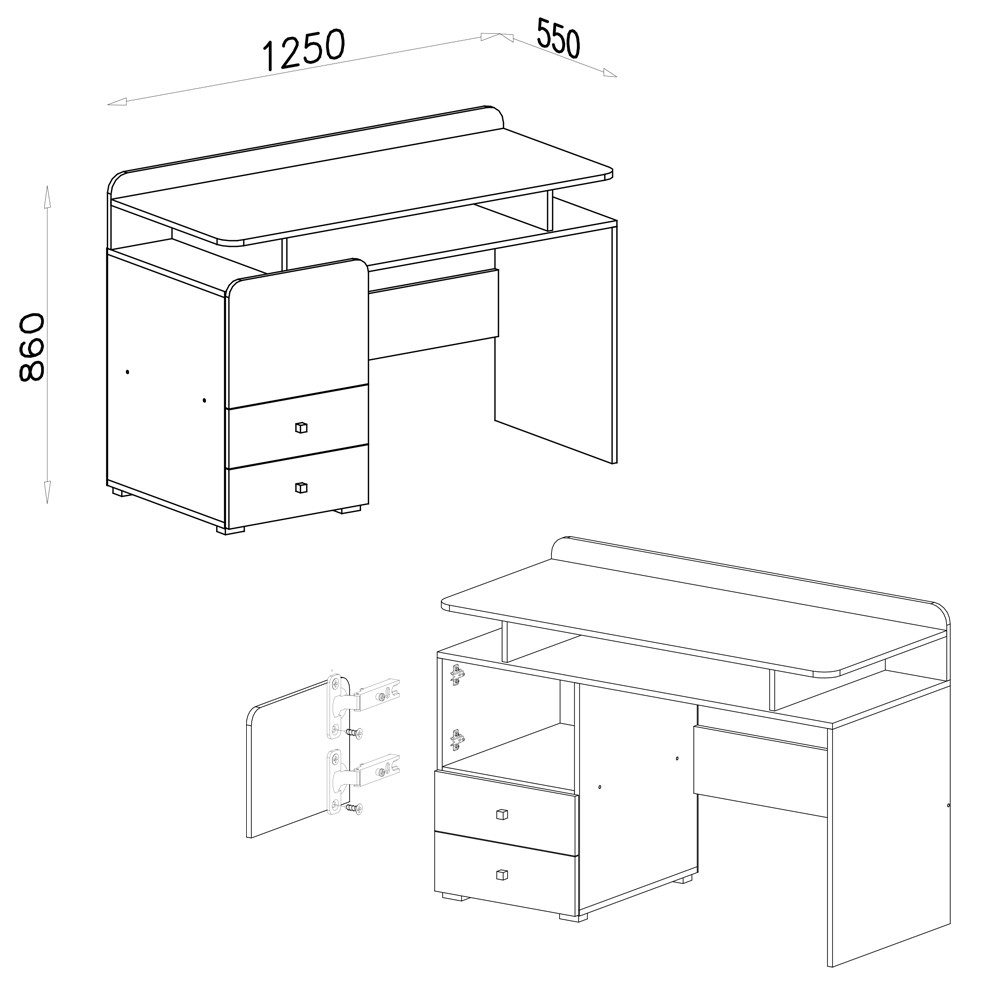 Lomadox Schreibtisch COLLINS-133, Jugendzimmer Kinderzimmer Büro Tisch weiß Eiche hell grau 125x86x55